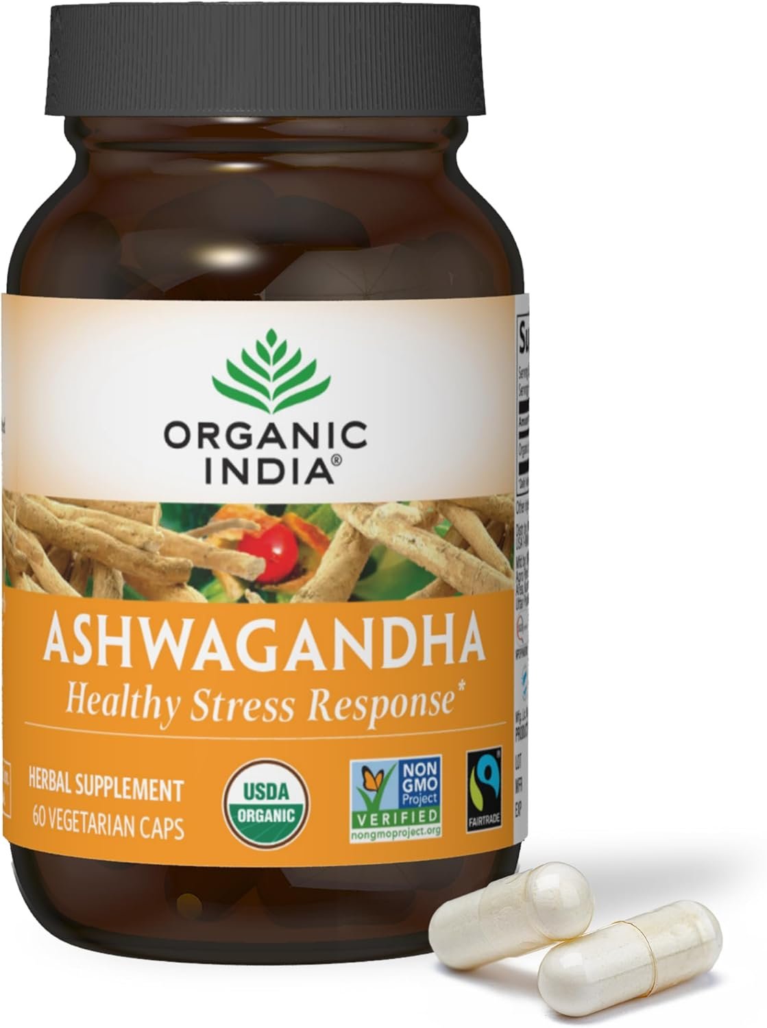 ORGANIC INDIA Ashwagandha Capsules – Organic Ashwagandha Supplement – Vegan Ashwagandha Root, Gluten-Free, Kosher, Non-GMO, Supports Stress Relief, Energy, and Sleep – 60 Capsules