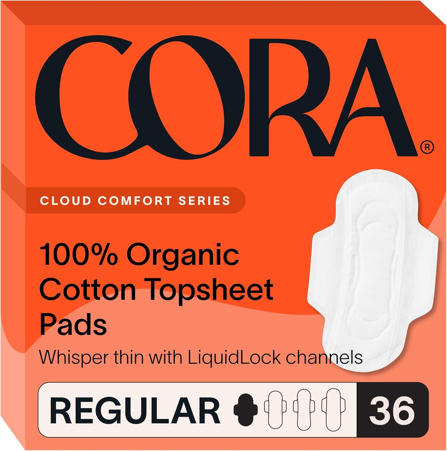 Cora 100% Organic Cotton Topsheet Pads | Ultra Thin Period Pad with Wings | Regular Absorbency | Ultra-Absorbent Sanitary Pads for Women (36 Count)