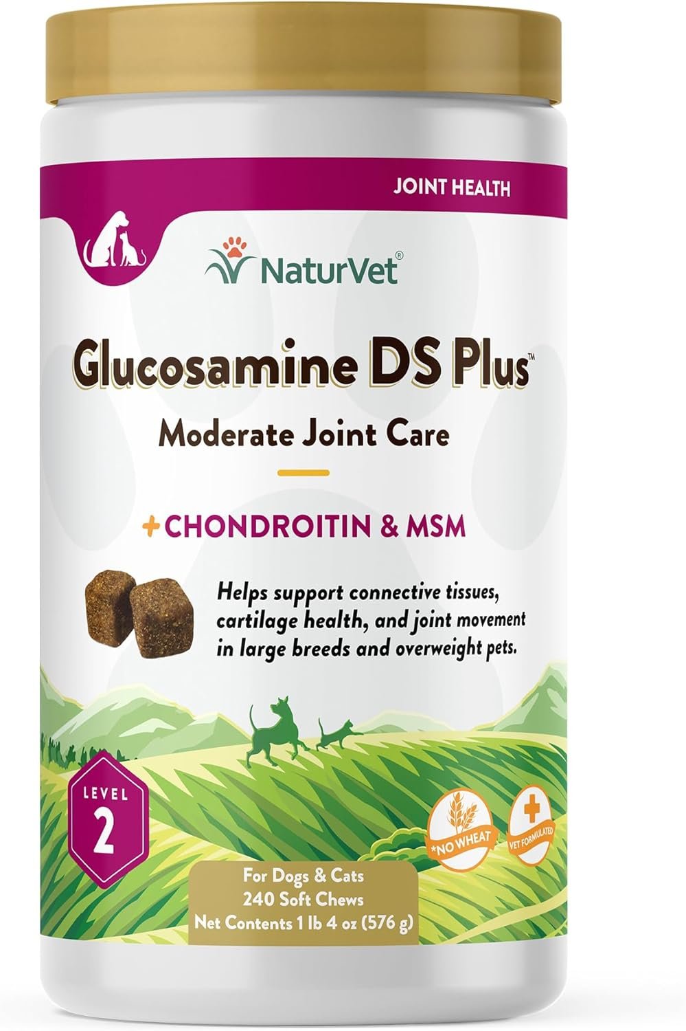 NaturVet – Glucosamine DS Plus – Level 2 Moderate Care – Supports Healthy Hip & Joint Function – Enhanced with Glucosamine, MSM & Chondroitin – for Dogs & Cats – 240 Soft Chews