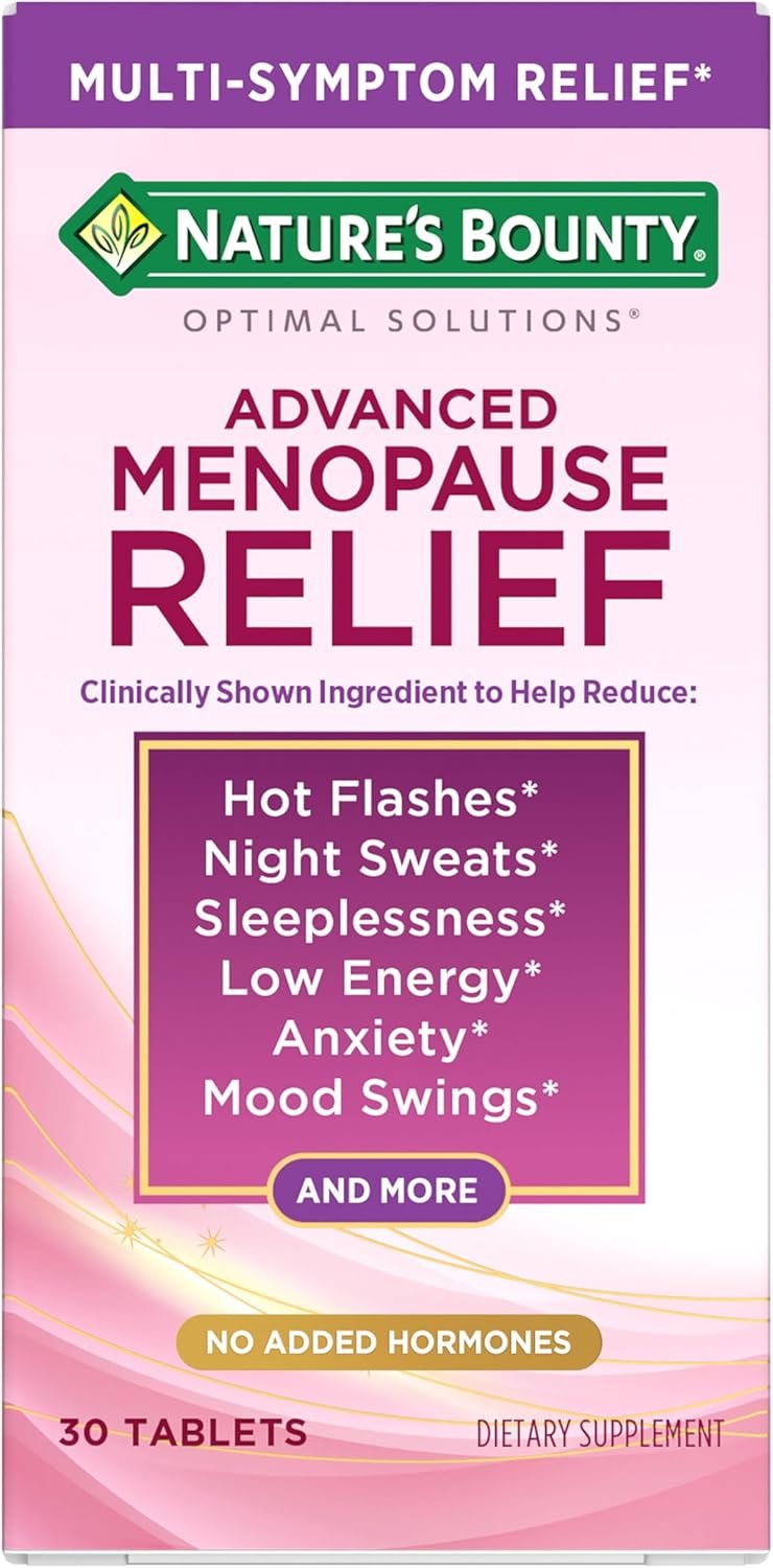 Nature’s Bounty Optimal Solutions Advanced Menopause Relief, Menopause Supplement for Women featuring Siberian Rhubarb, Hotflash Relief, No added Hormones, Drug-Free, 30 Tablets, 30 Total Servings