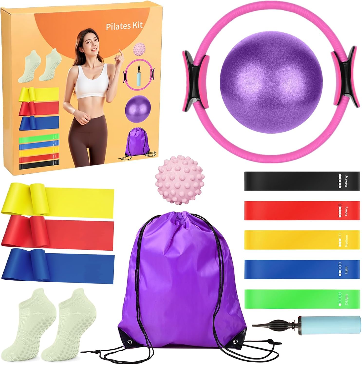 Home Pilates Equipment Essentials Kits with Pilates Ring(Magic Circle) Set Resistance Bands Yoga Starter Fitness Equipments Women Workout Kit