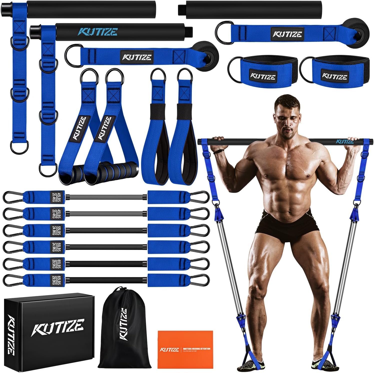 Pilates Bar Kit with Resistance Bands, Heavy Duty Pilates Equipment for Men, Strength Training Bar for Legs, Hip, Back, Arm, Abs, Chest, Shoulders, Portable Home Gym Full Body Workout Equipment