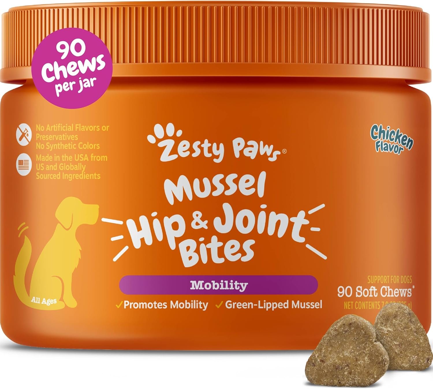 Zesty Paws Mussel Mobility Bites for Dogs – New Zealand Green Lipped Mussel with Natural Glucosamine & Chondroitin + Omega-3 Fatty Acids – Hip & Joint Support Supplement Soft Chews – 90 Count