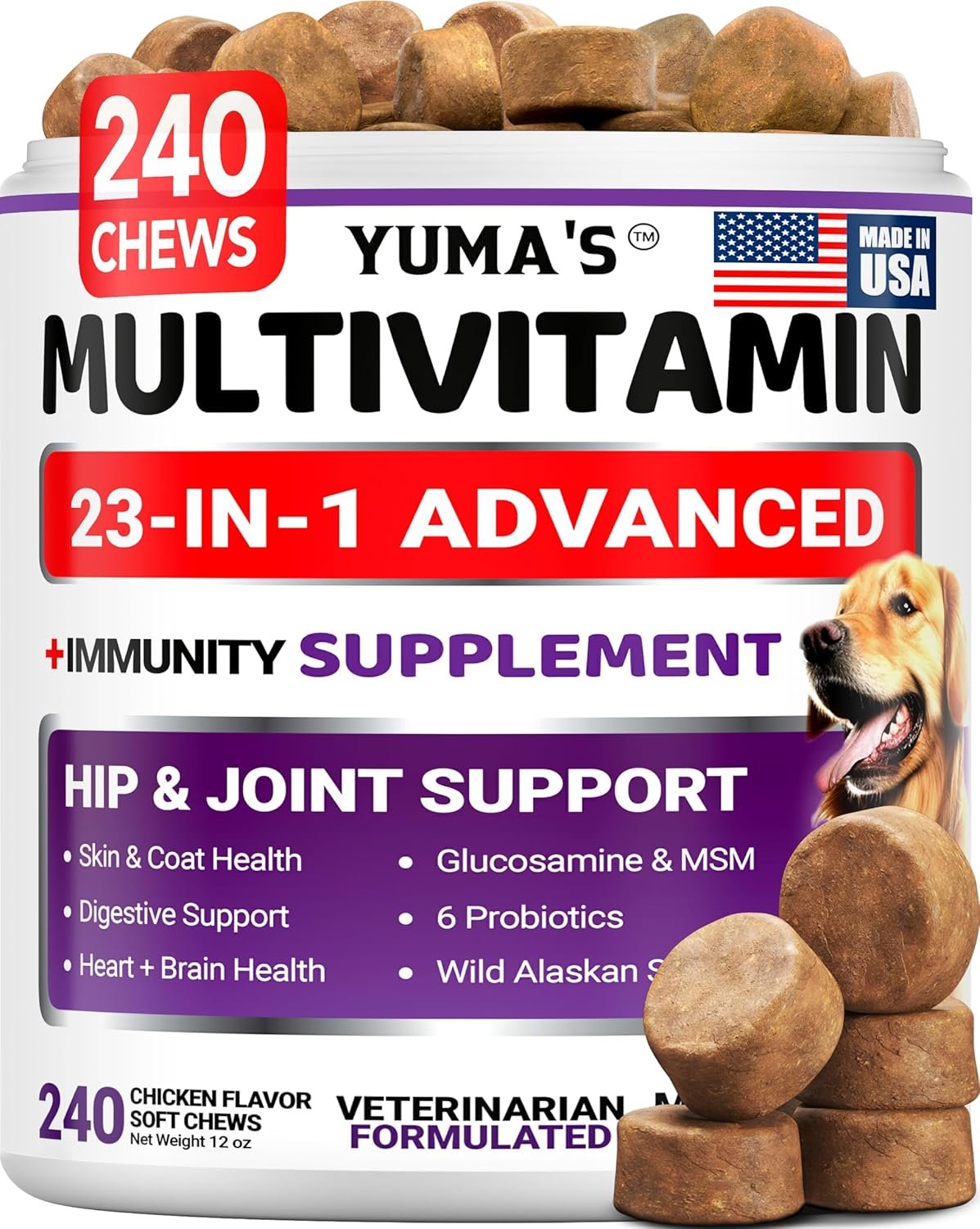 Dog Multivitamin Chewable with Glucosamine – 240 Treats – Dog Vitamins and Supplements – Senior & Puppy Multivitamin for Dogs – Hip & Joint Support – Immune Health, Skin, Heart, Digestion, Probiotics