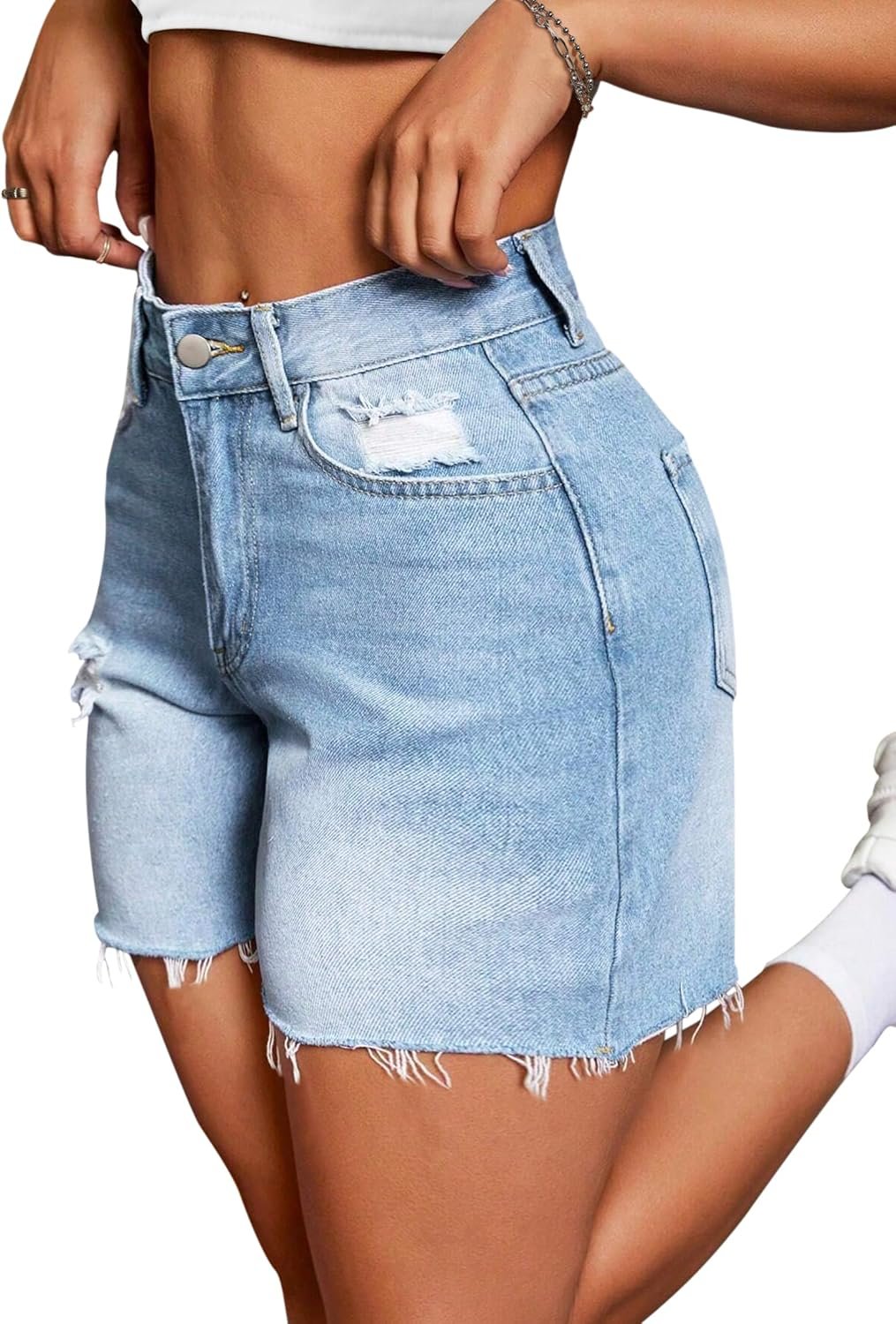 IWD Jean Shorts for Women High Waisted Stretchy Casual Denim Shorts Ripped Frayed Hem Summer Trendy Jorts