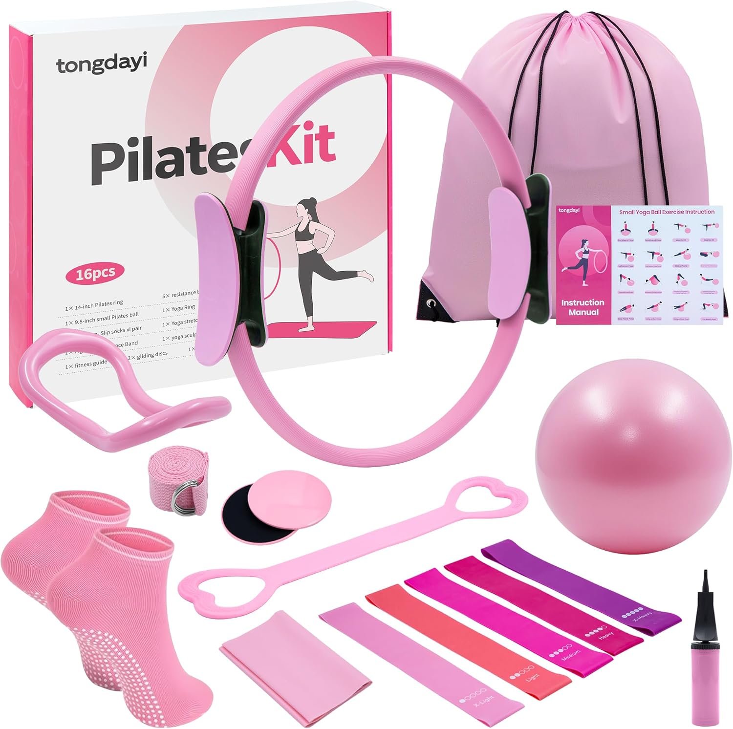 16Pcs Home Pilates Equipment for Women, Pilates Kit with 14” Pilates Rings, Yoga Ball, Sliding Disks, Pilates Bands & Accessories – Workout Equipment Home Gym Includes Complete Fitness Poster