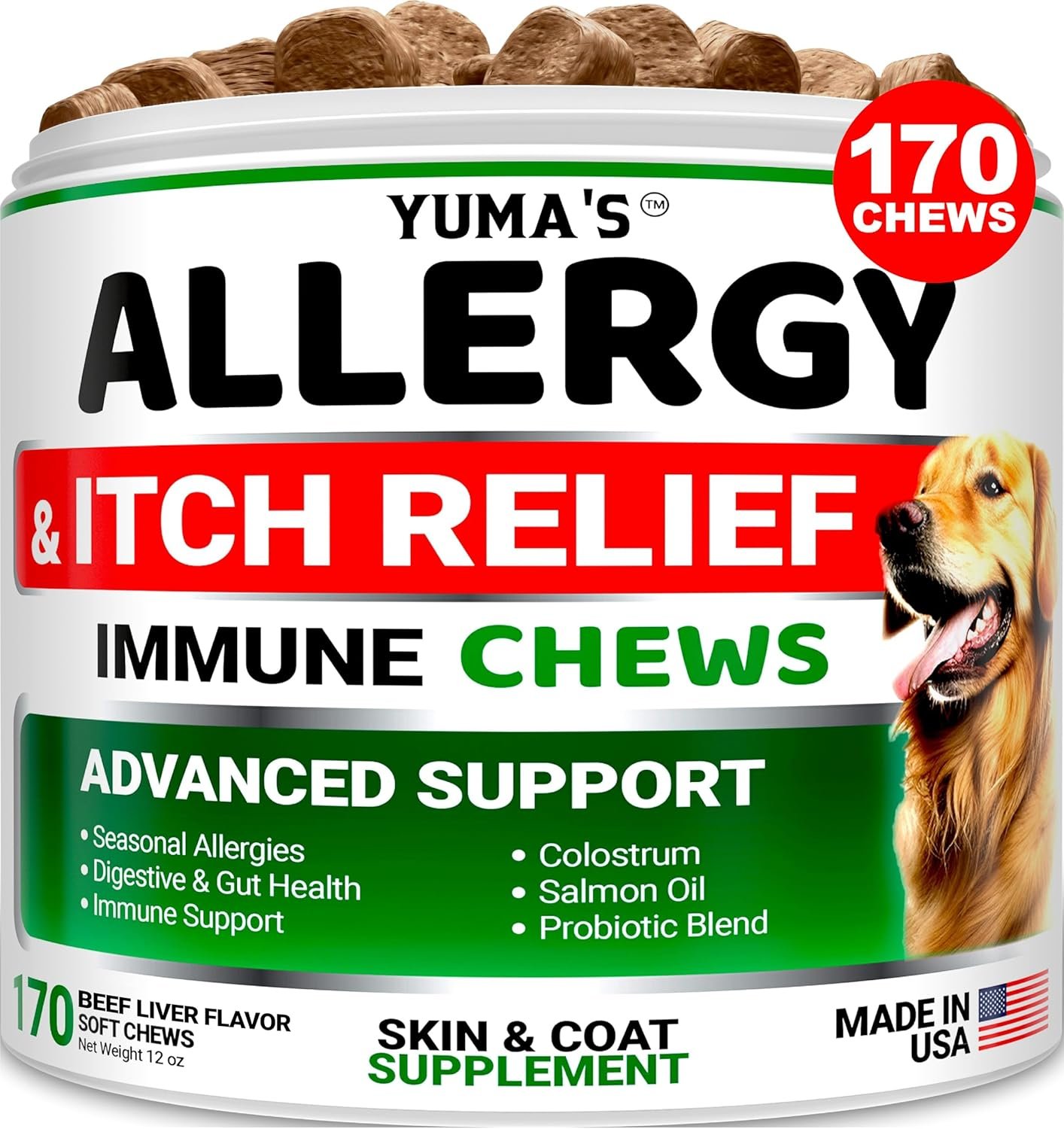 Dog Allergy Relief Chews – Dog Itching Skin Relief Treatment Pills – 170 Treats – Anti-Itch – Itchy and Paw Licking – Hot Spots – Omega 3 Fish Oil – Dry Skin & Coat Supplement – Beef Liver Flavor