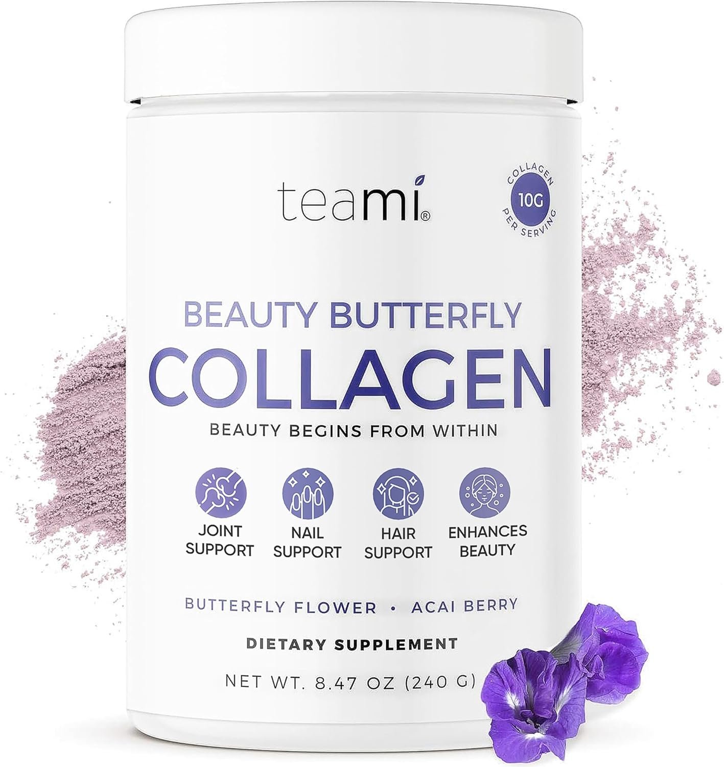 Teami Marine Collagen Powder for Women & Men | Butterfly colageno hidrolizado for Women & Men | Multi Collagen Peptides Powder for Skin, Hair, Nail & Joint Support Delicious Taste | 10g per Serving