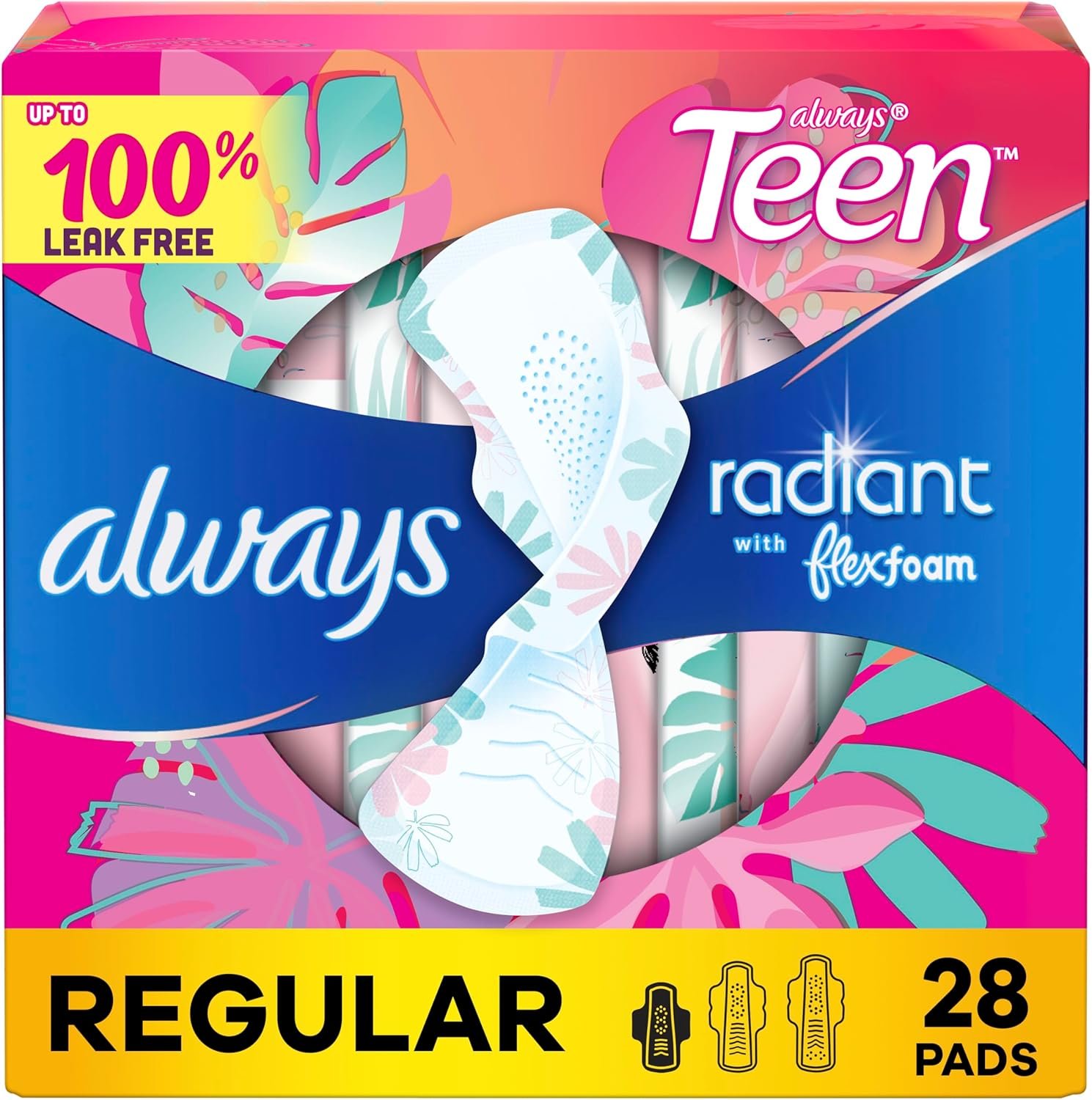 Always Radiant Teen Pads, Size 1, Regular, with Wings, Unscented, 28 Count