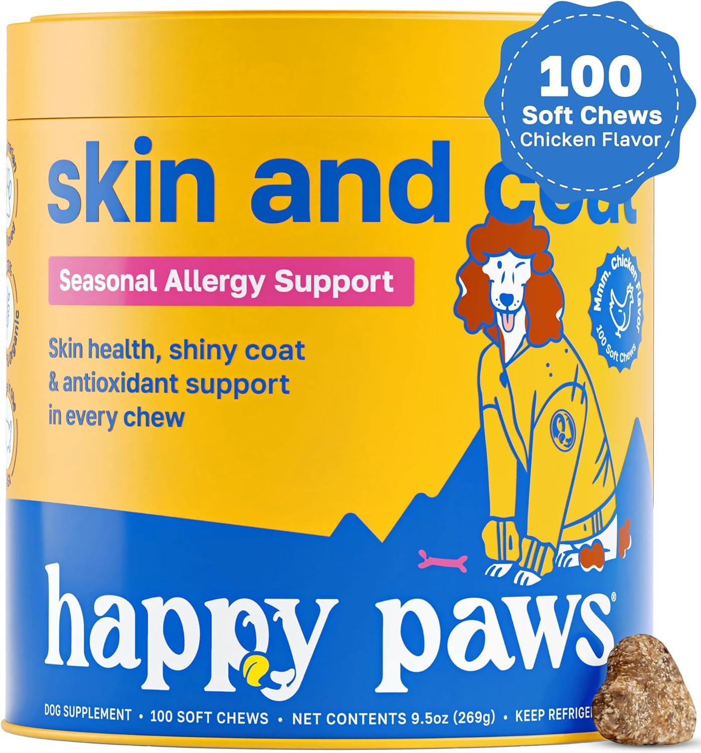 Happy Paws Skin and Coat Supplement for Dogs, Shedding & Dog Hair Growth Support for All Breeds & Ages, Made with Coconut Oil & Vitamin B12, Vegan Chicken Flavor, Organic, Non GMO, 100 Soft Chews