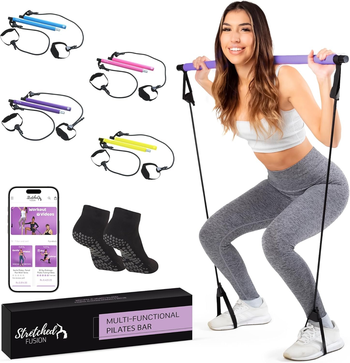 Stretched Fusion Pilates Bar Kit with Resistance Band for Home Workouts | Multifunctional Home Pilates Kit Set for Women & Men | Workout Bar for Legs, Hip, Waist and Arm, Includes 3 Bonuses
