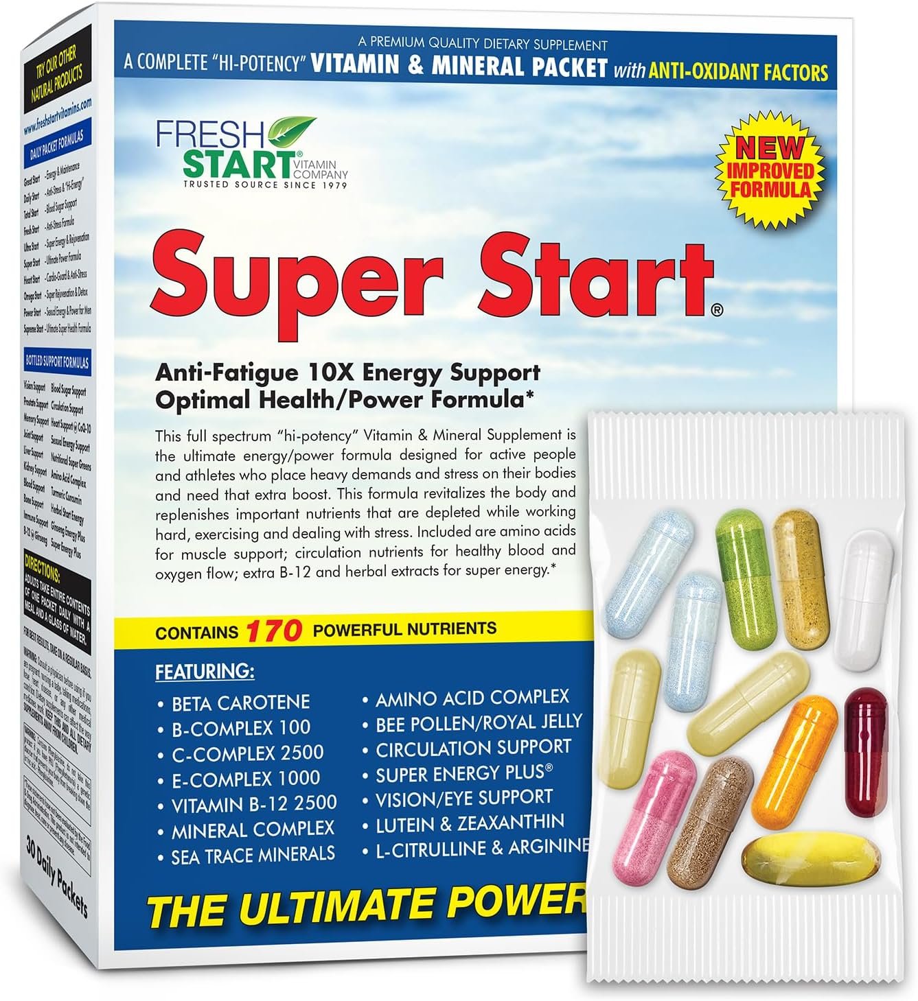 Super Start Complete Daily Vitamin Pack | 10X Energy & Stamina Booster, Muscle Support | Vitamin A, B, C, D, E, B12, Minerals, Amino Acids, Bee Pollen, Ashwagandha, Panax Ginseng (30 Packets)