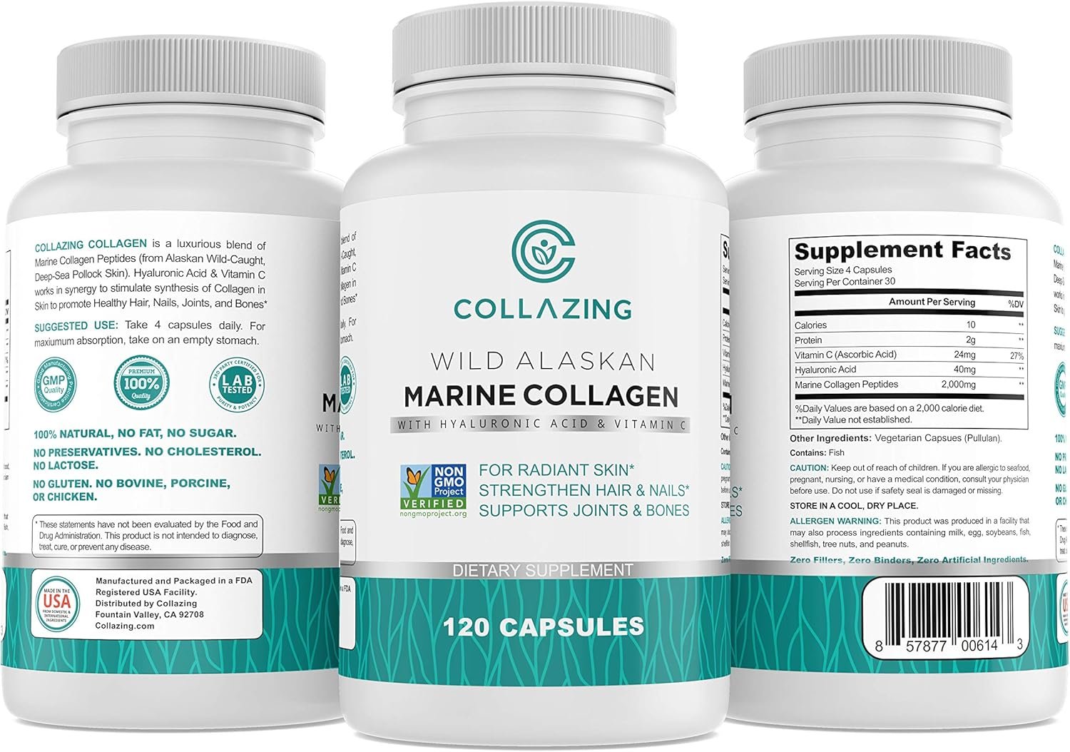 Alaskan Wild-Caught Marine Collagen Peptides with Hyaluronic Acid & Vitamin C – Supports Skin, Hair, Nails, Joints & Bones – Type 1 & 3 Collagen for Women & Men – 120 Powder Capsules