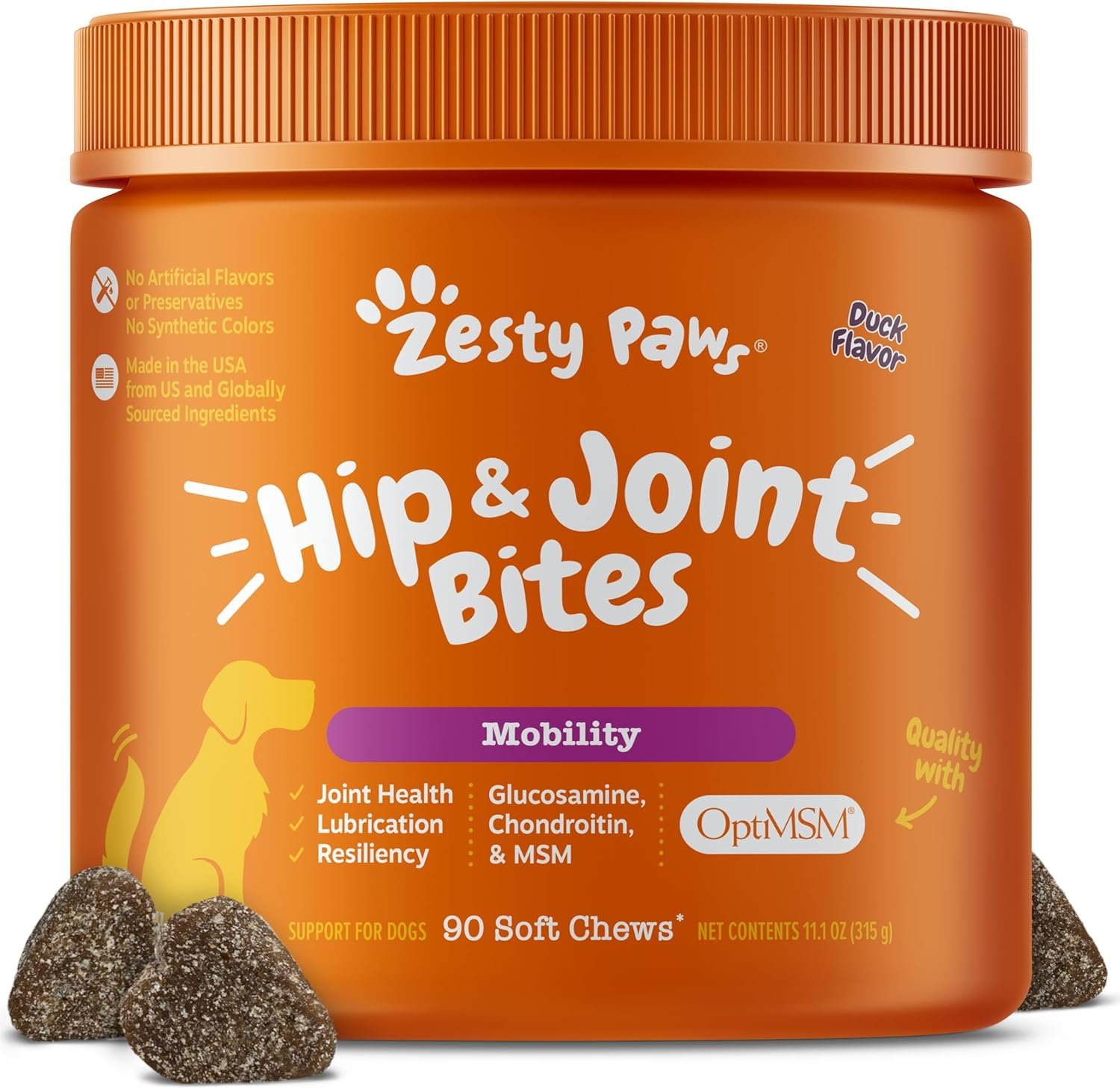 Zesty Paws Hip and Joint Supplement for Dogs – Glucosamine with Chondroitin, MSM, Vitamins C and E Dog Joint Relief – Mobility Bites Duck – 90 Count