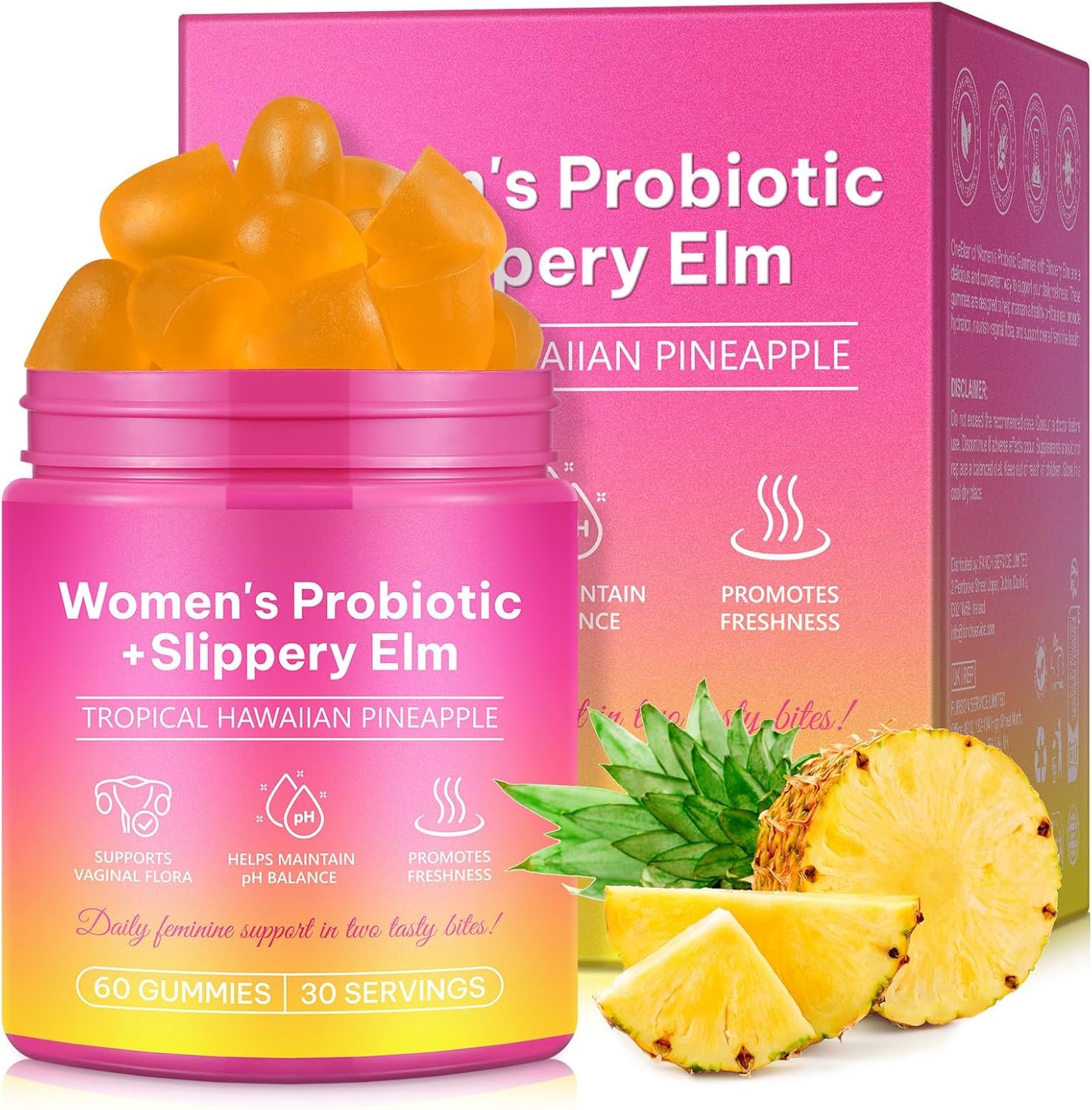 Vaginal Probiotics Gummies for Feminine PH Balance, Vaginal Hydrating, Promoting Vaginal Flora Health, Fresh Odor with Prebiotics & Lactobacillus Probiotic, Hawaiian Pineapple, Plant Based|60 Gummies