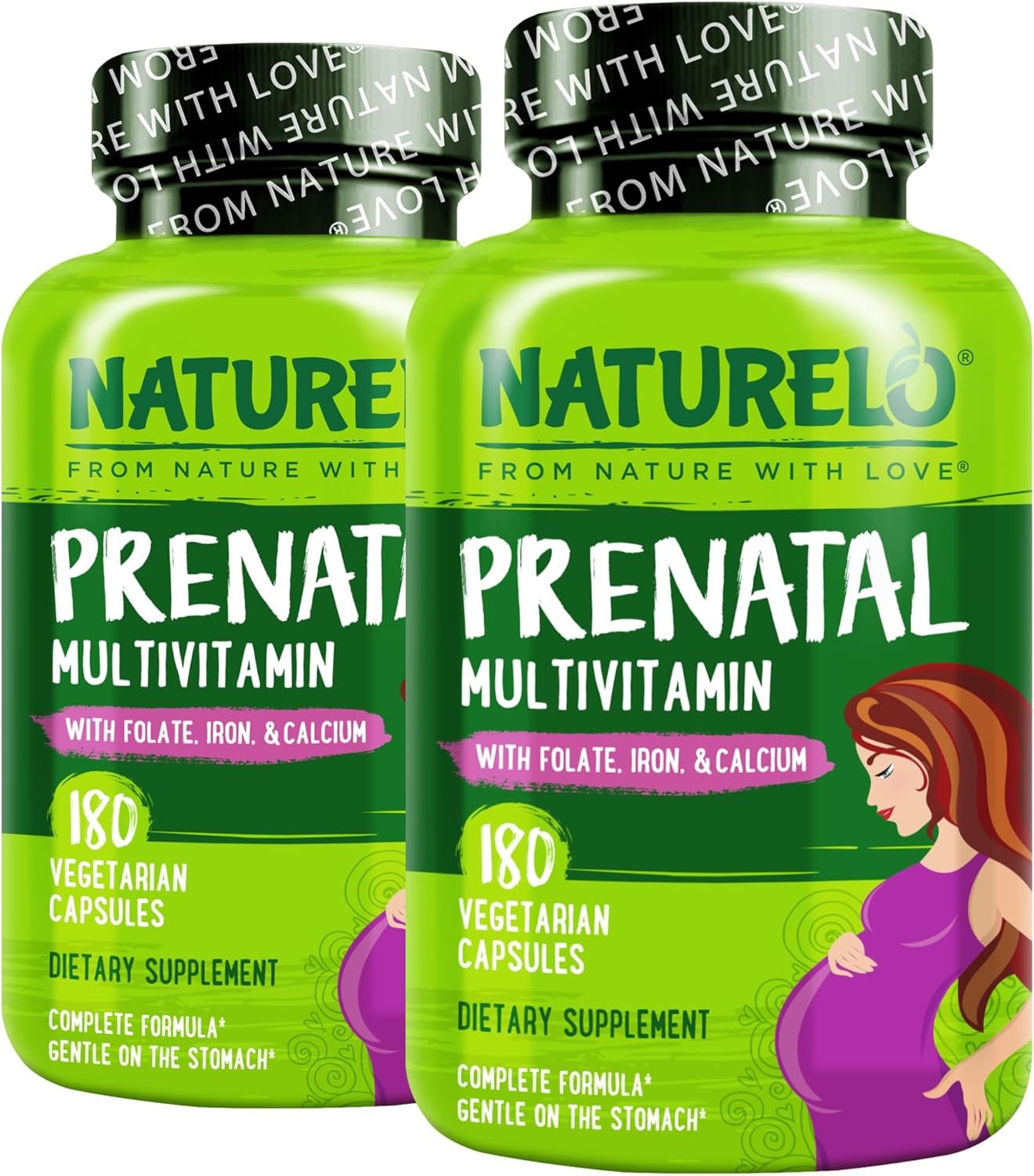 NATURELO Prenatal Multivitamin with Gentle Chelated Iron, Methyl Folate, Plant Calcium & Choline – Vegan, Vegetarian – Non-GMO – Gluten Free – 180 Capsules – 4 Month Supply (Pack of 2)