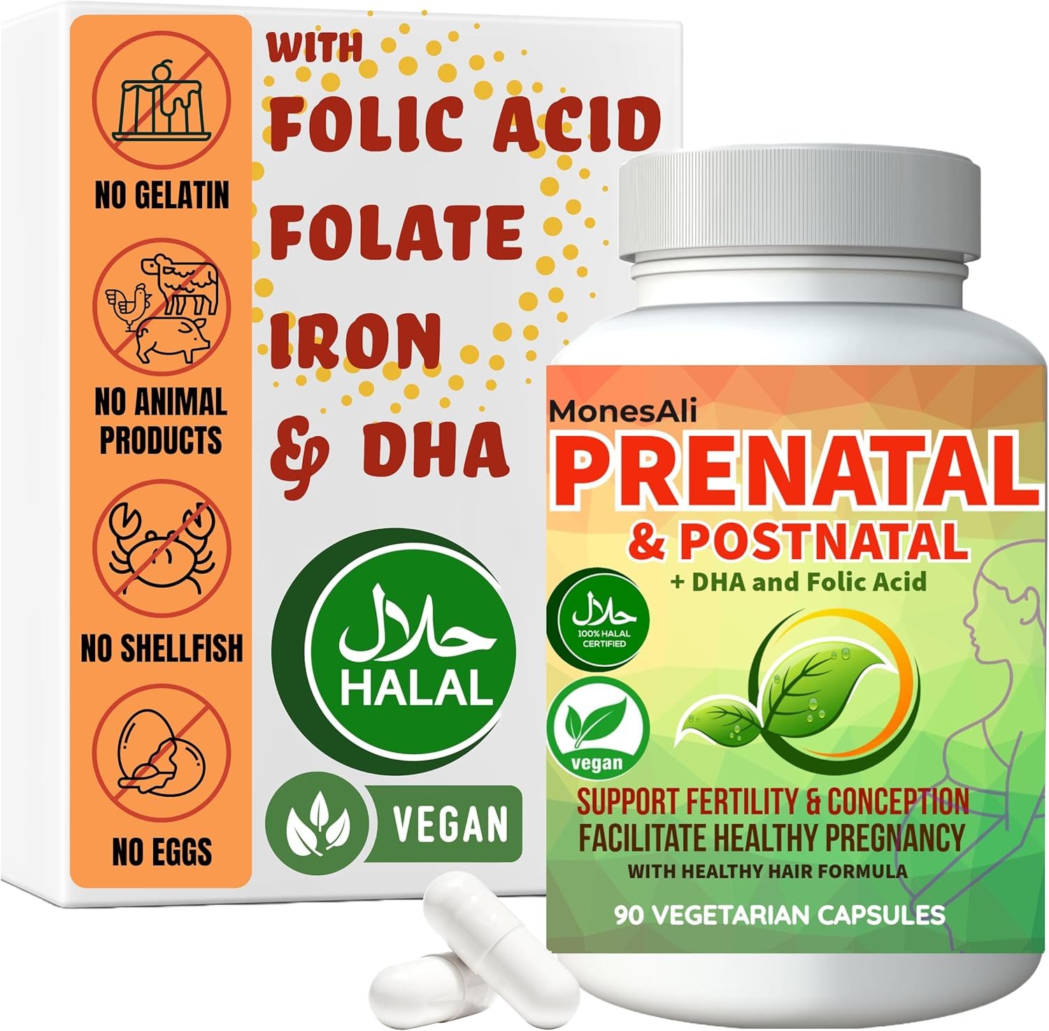 Prenatal Vitamins for Women | Postnatal | Vegan, Halal Gelatin Free | with Folate, Iron & Biotin | Supports Pregnancy, Postpartum Energy & Hair Health, 90 Count