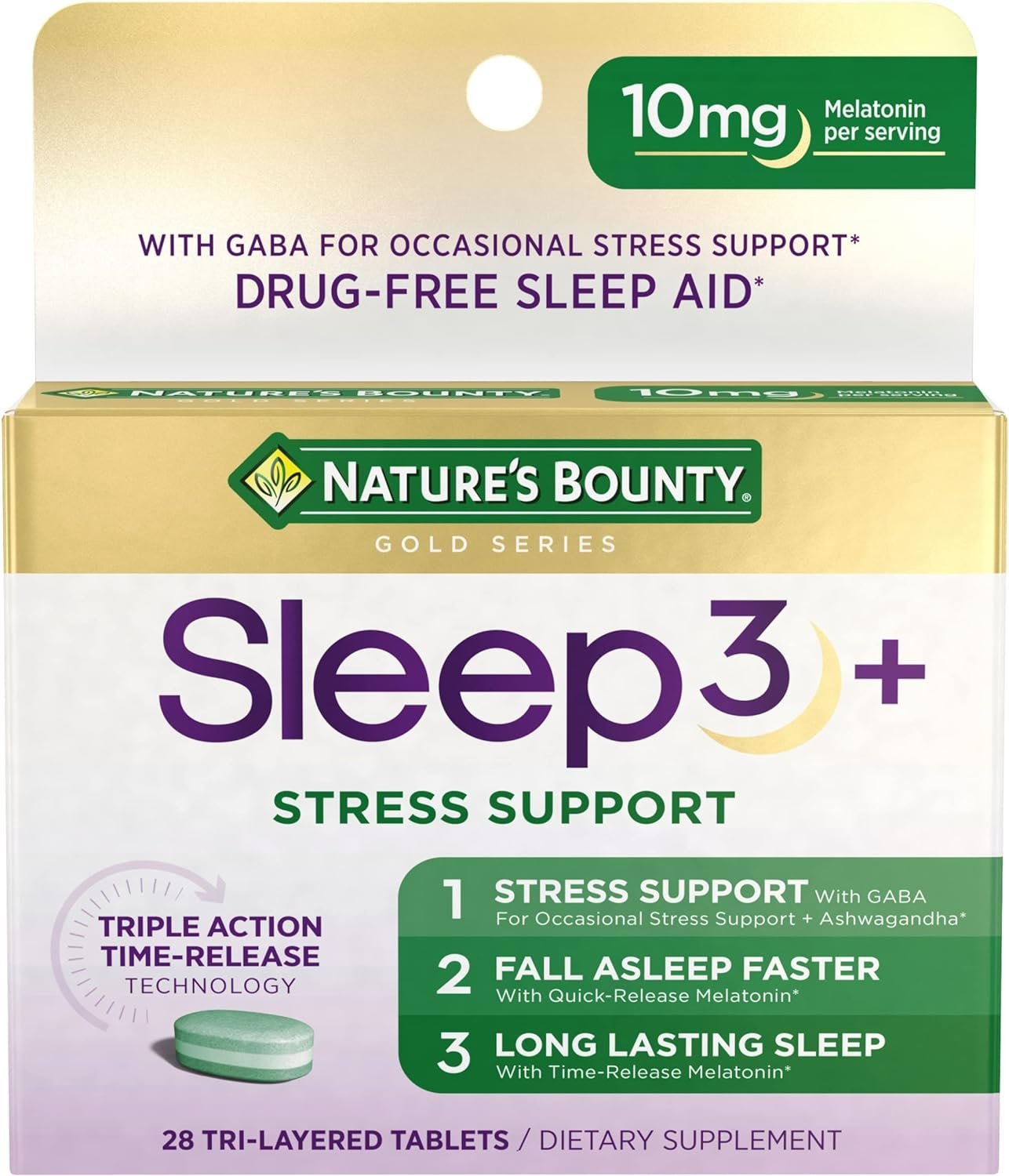 Nature’s Bounty Sleep + Stress Support, Sleep3 Maximum Strength 100% Drug Free Sleep Aid, Dietary Supplement with Ashwagandha, Time Release Technology, 10mg, 28 Tri-Layered Tablets