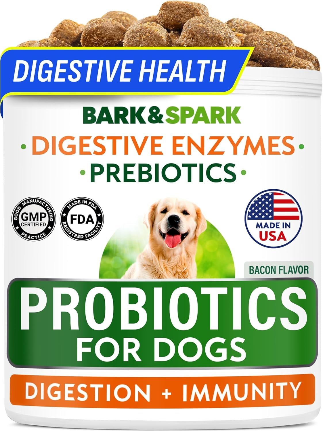 BARK&SPARK Dog Probiotics for Digestive Health w/Enzymes & Fiber – Diarrhea Gas Treatment Upset Stomach Relief – Allergy & Itchy Skin – Pet Probiotics for Dogs – (120Ct, Bacon)