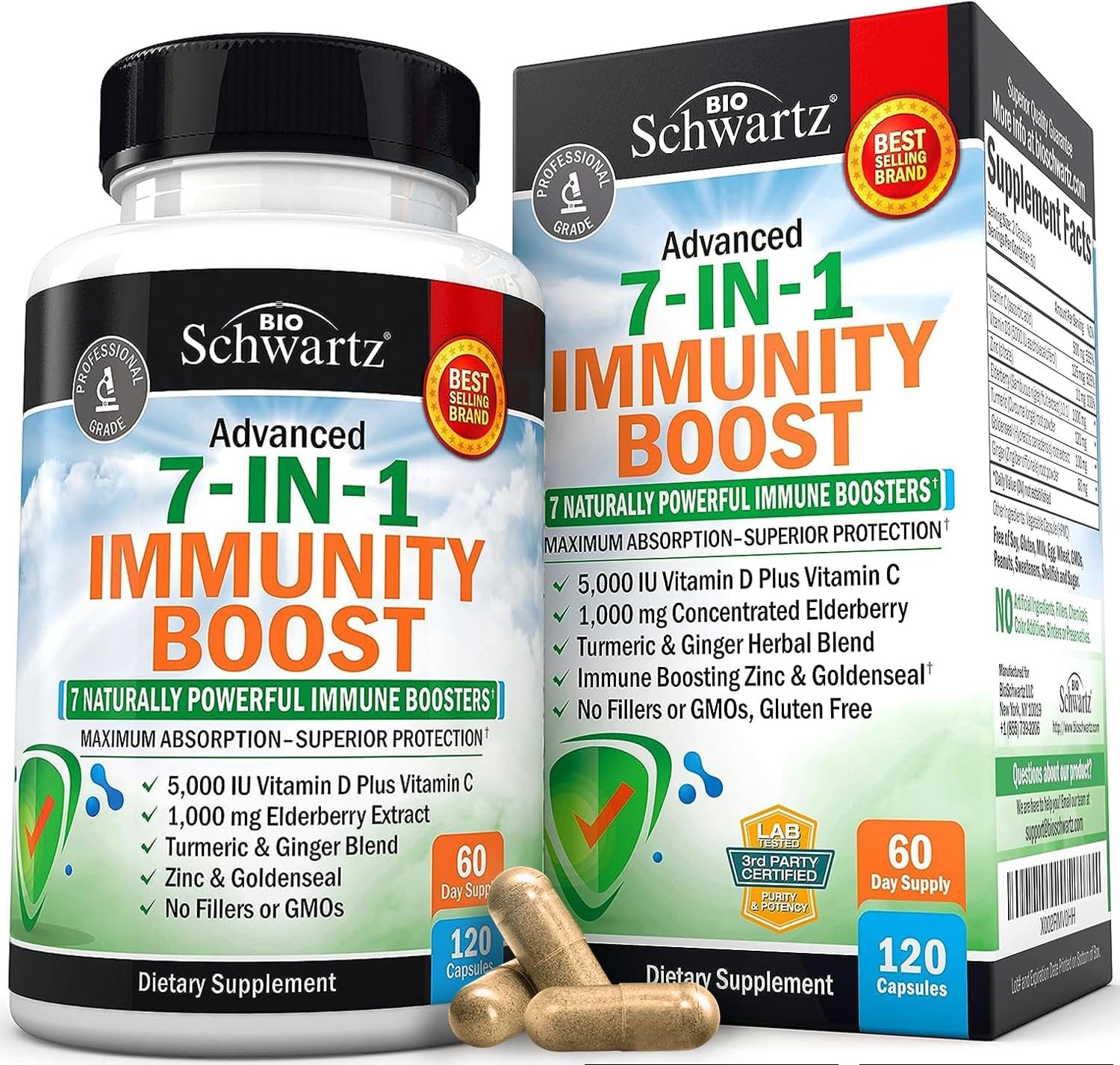 Immune Support Supplement with Zinc Vitamin C Vitamin D 5000 IU Elderberry Ginger D3 Goldenseal – Dr Approved Immunity Vitamins for Adults Women and Men – Natural Immune System Booster Defense -120ct