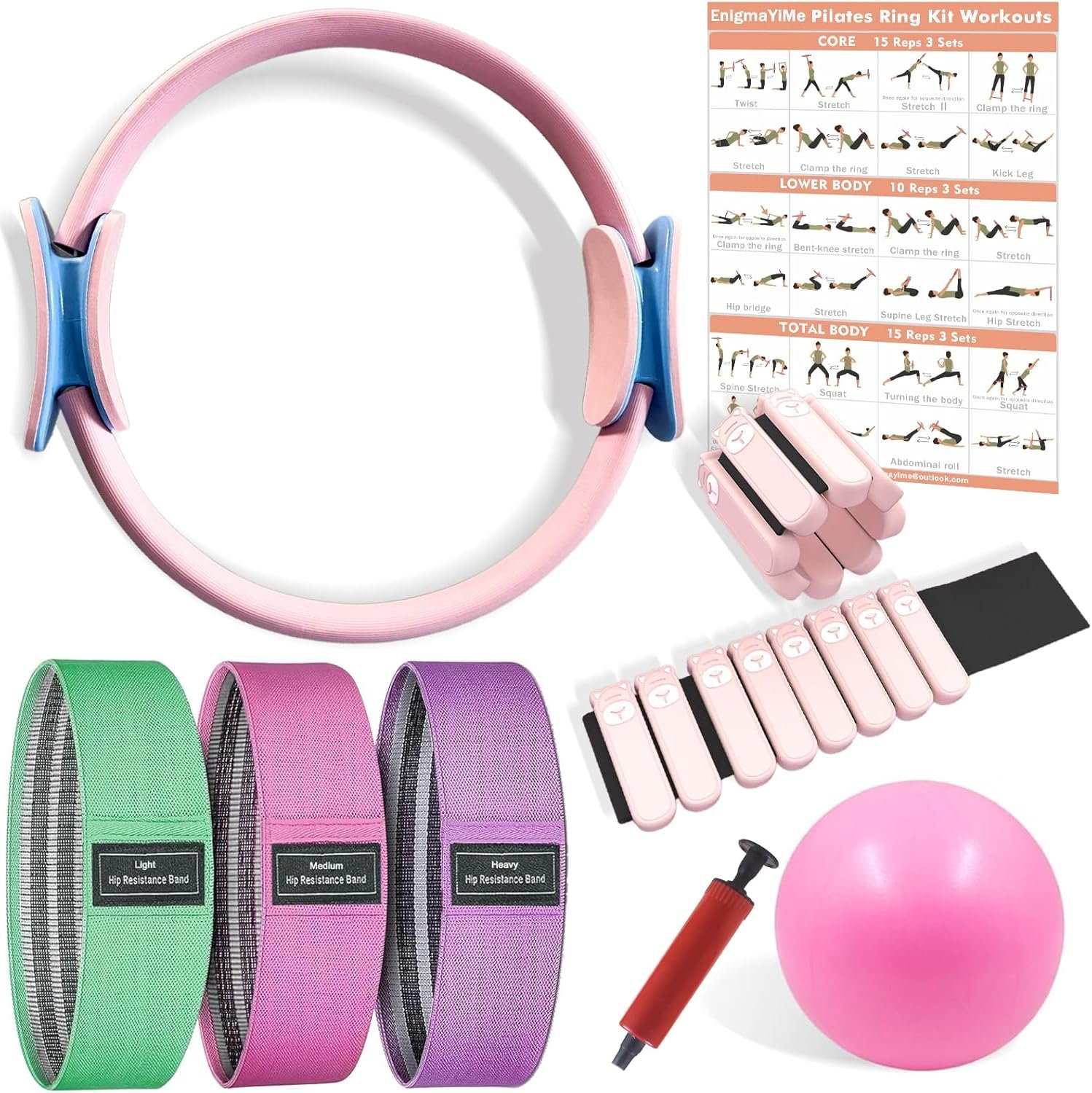 Pilates Ring Kit with Adjustable Ankle Wrist Weights, Resistance Bands, Ball, Pilates Equipment Ball for Home Workout to Tone, Sculpt and Strengthen, Fitness Magic Circle Rings for Yoga Women