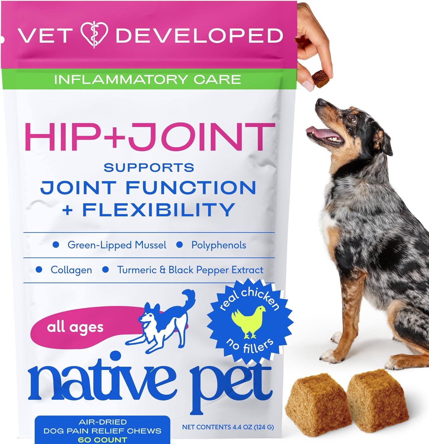Native Pet Pain Relief for Dogs – Collagen for Dogs Promotes Joint Health, Reduce Inflammation & Stiffness – Senior Pup Joint Supplement – Natural Pain Reliever for Active & Aging Pets – 60 Chews