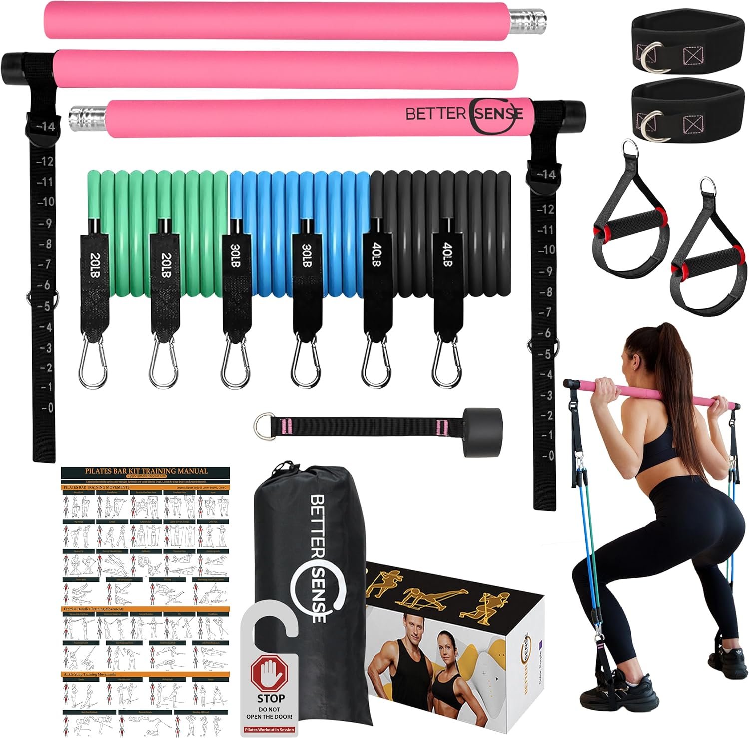 Upgraded Pilates Bar Kit – 39” Adjustable Exercise Equipment for Men, Women with 6X 20, 30, 40 lbs Resistance Bands with Adjustment Buckle – Pilates Equipment for Home Workouts for All Fitness Levels