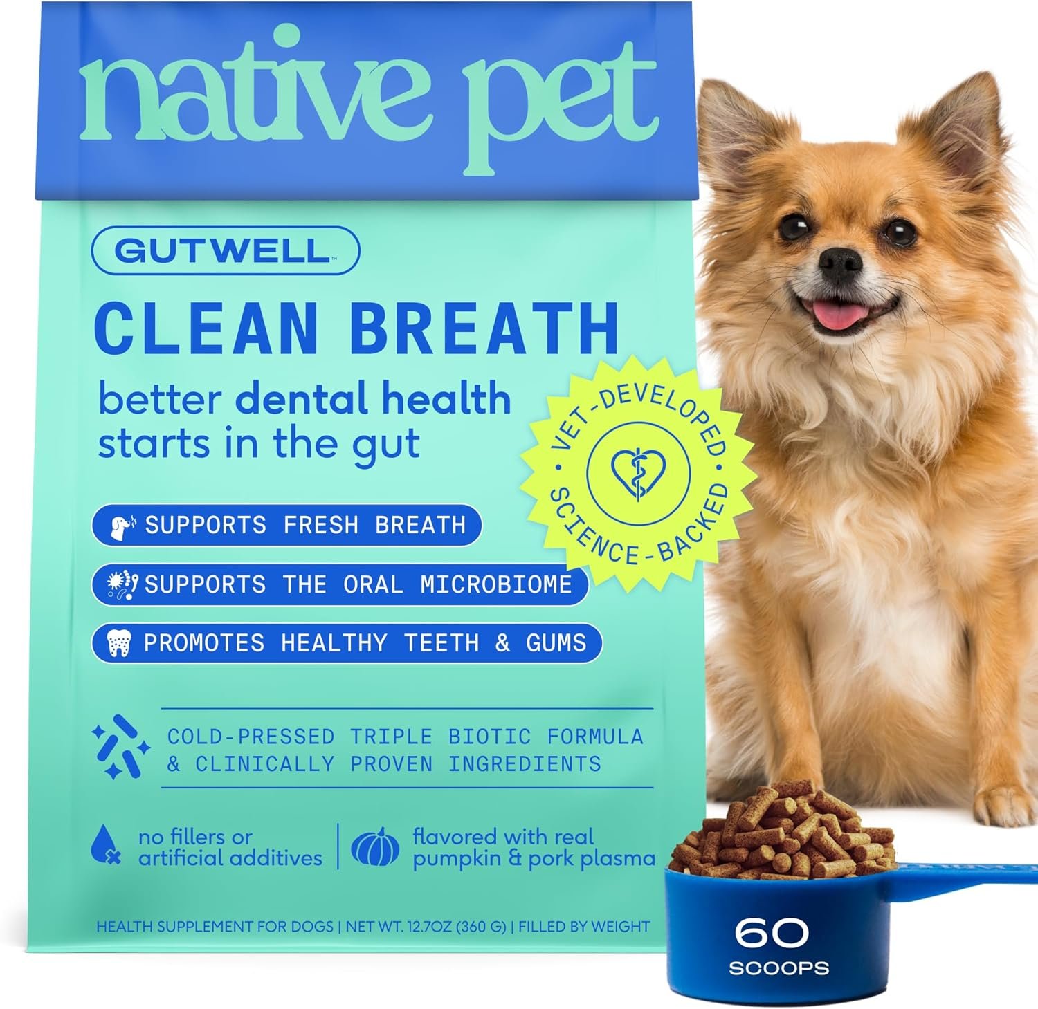 Native Pet GutWell Clean Breath – Dog Breath Freshener & Dog Dental Powder – Teeth Cleaning to Reduce Plaque & Tartar – Promotes Fresh Breath with Targeted Triple-biotic Dental Care Blend – 60 Scoops