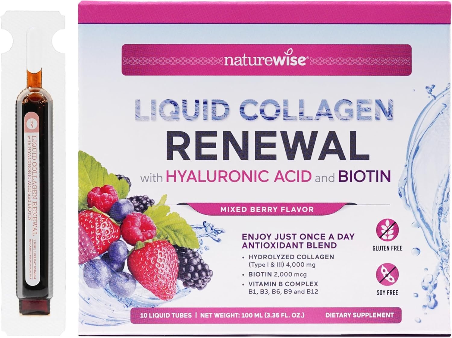 NatureWise Hydrolyzed Liquid Collagen for Women & Men 4000mg – High Absorption, Type 1 & 3 Peptides with Biotin + Vitamin C + Vitamin B Complex & Hyaluronic Acid -Mixed Berry – 10 Tubes[10 Day Supply]