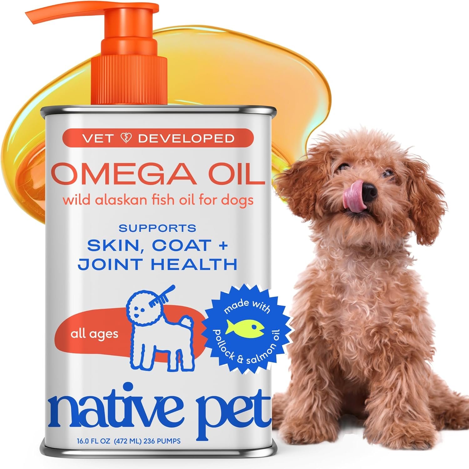 Native Pet Omega 3 Fish Oil for Dogs & Cats – Promotes Healthy Skin, Shiny Coat, & Strong Joints – Made with Wild Alaskan Salmon Oil for Dogs – Tasty, Fast-Absorbing Omega 3 6 9 Liquid Supplement-16oz