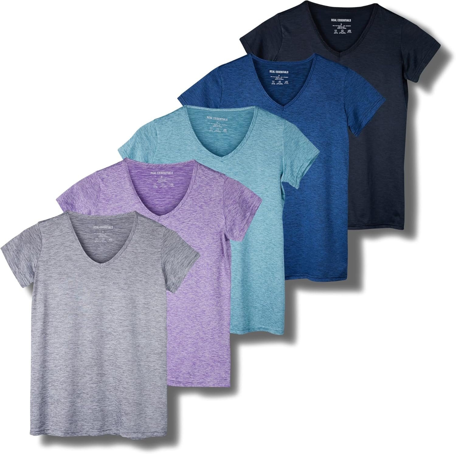 Real Essentials 5 Pack: Women’s Dry Fit Short Sleeve V Neck Workout Top – Fitness Gym Athletic Yoga T-Shirt (Plus Available)