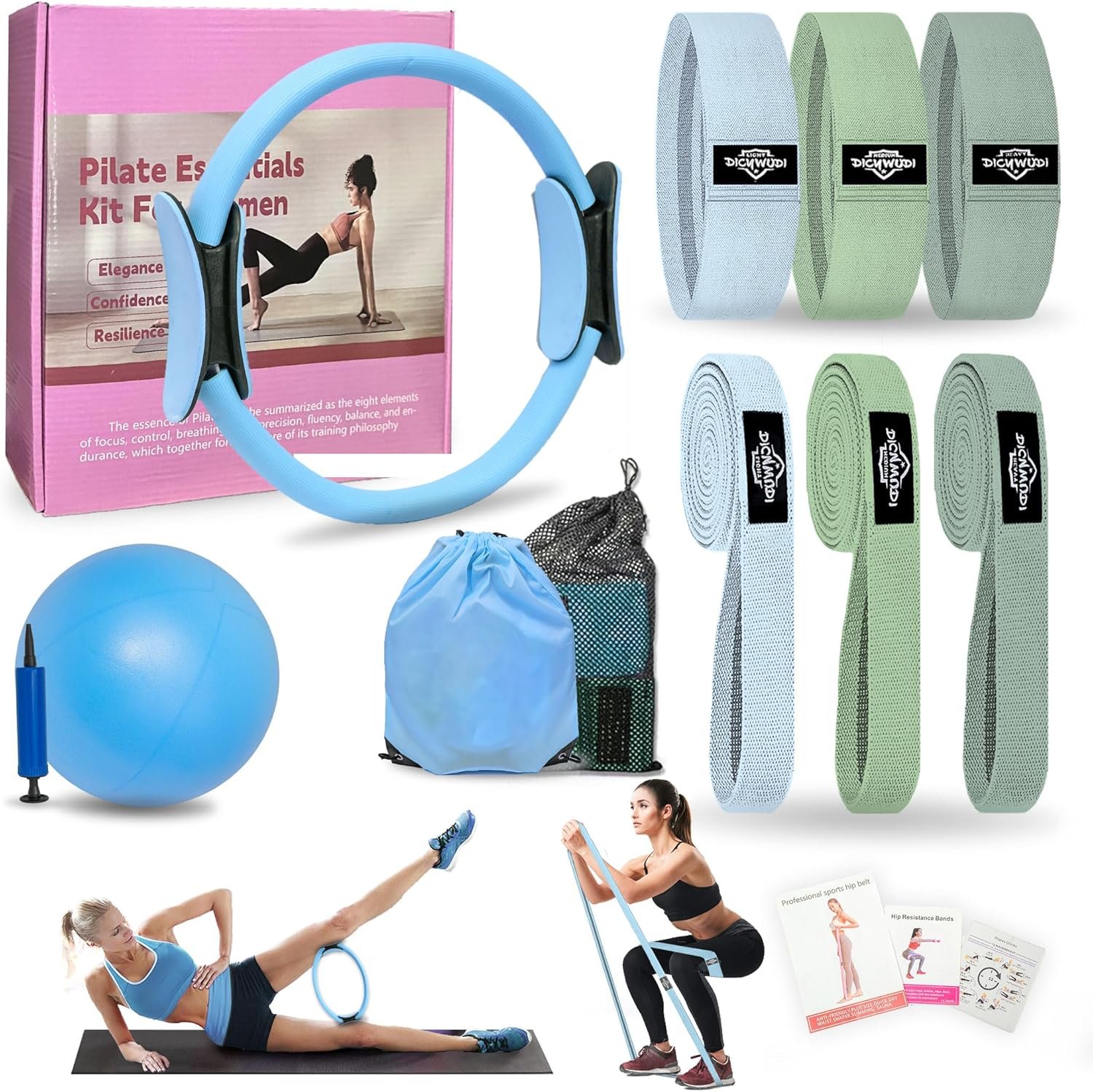 Pilates Essentials Kit for Home Women, Pilates Equipment for Workouts, 6 Fabric Resistance Bands, 12 Inch Magic Circle Yoga Ring, Mini Exercise Ball, Great Exercise Equipment