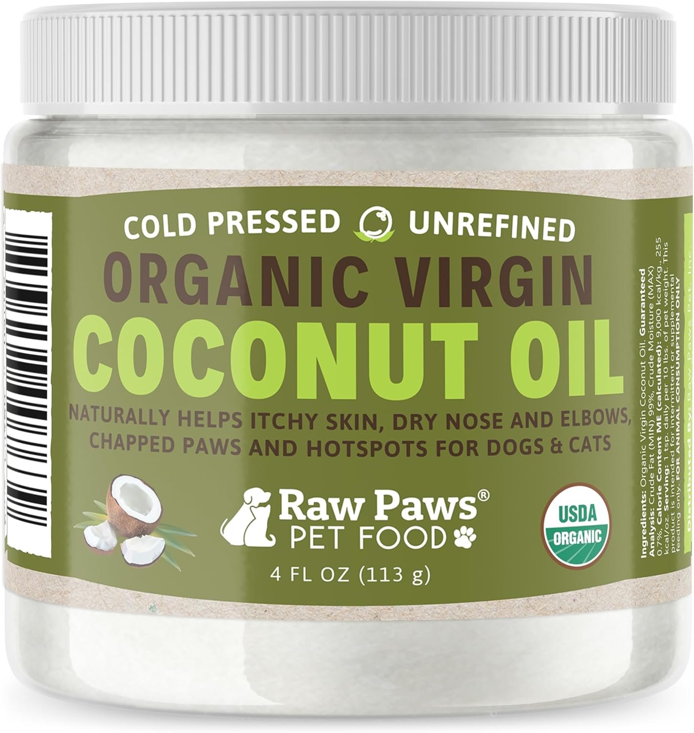 Raw Paws Virgin Organic Coconut Oil for Dogs & Cats, 4-oz – Treatment for Itchy Skin, Dry Nose, Paws – Hot Spot Lotion – Natural Hairball Remedy for Cats