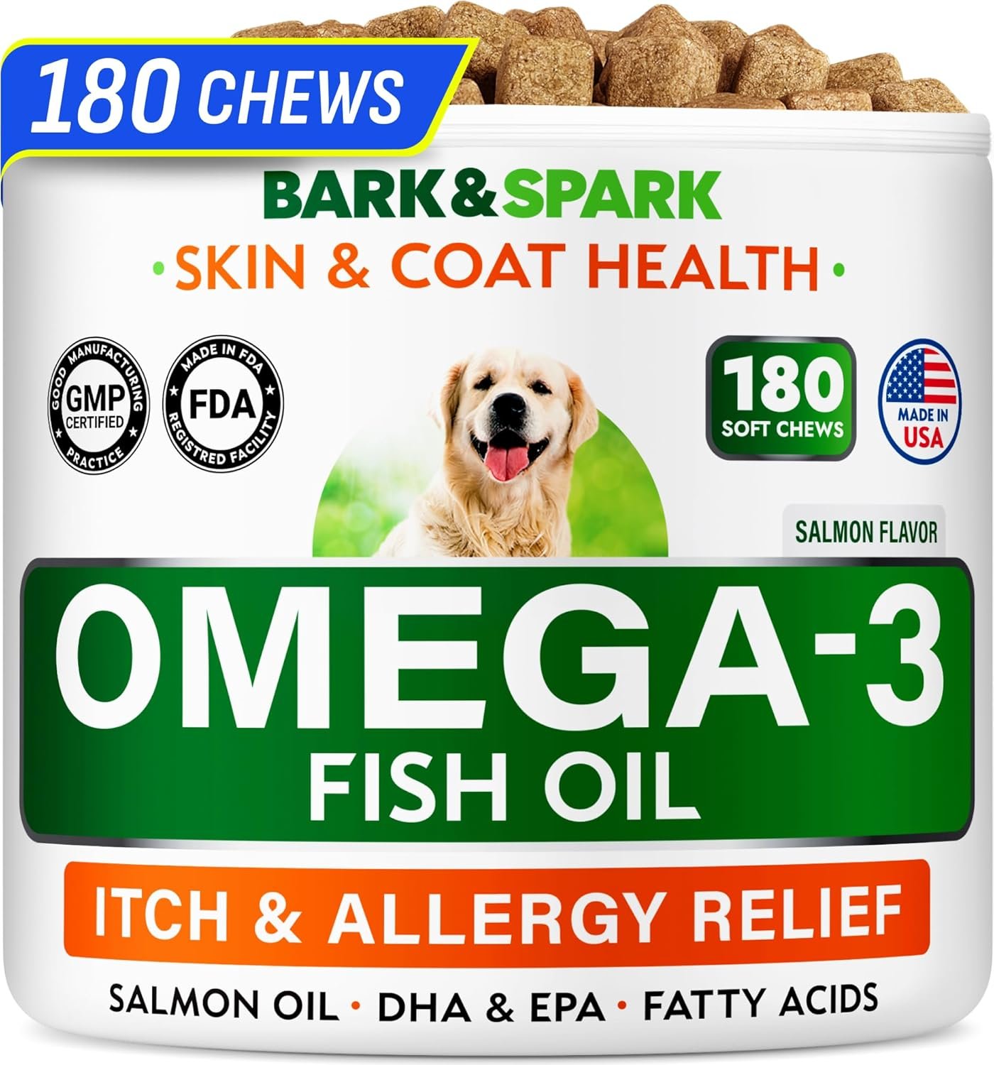 BARK&SPARK Omega 3 for Dogs – 180 Fish Oil Treats for Dog Shedding, Skin Allergy, Itch Relief, Hot Spots Treatment – Joint Health – Skin and Coat Supplement – EPA & DHA Fatty Acids – Salmon Oil