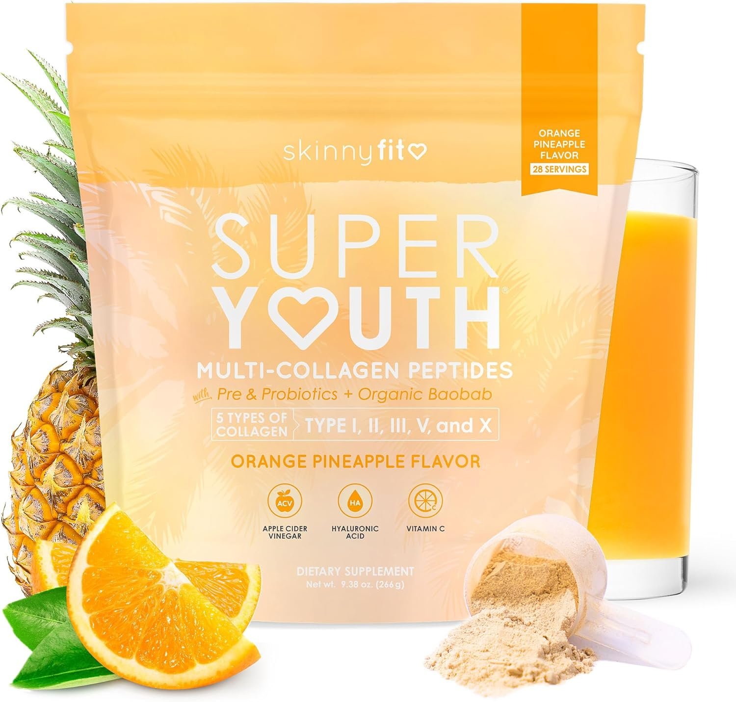 SkinnyFit – Super Youth Collagen for Women – Multi Collagen Peptides Powder – Probiotics, Fiber, Hyaluronic Acid – Non GMO, Gluten Free, Sugar Free – Beauty – Orange Pineapple (28 Servings)