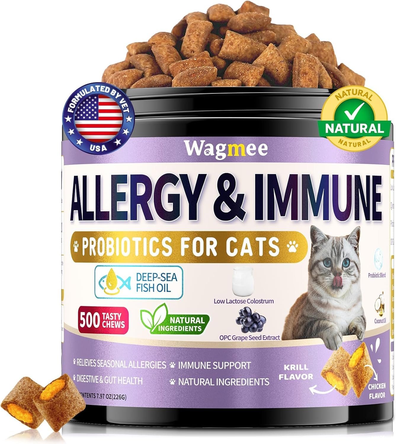 Cat Allergy Relief for Cats with Probiotics & Fish Oil – 500 Crunchy & Creamy Chews for Itchy Skin, Seasonal Allergies, Immune, Skin & Coat Support – with Omega 3 for All Breeds & Ages – Krill Flavor
