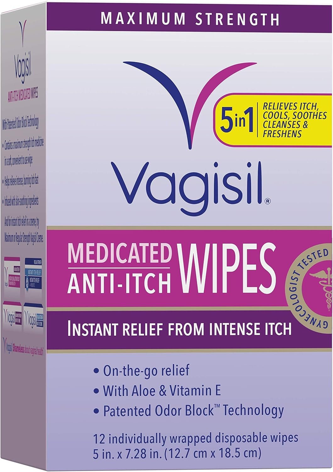 Vagisil Anti-Itch Medicated Feminine Intimate Wipes for Women, Maximum Strength, Gynecologist Tested, 12 Wipes (Pack of 1)