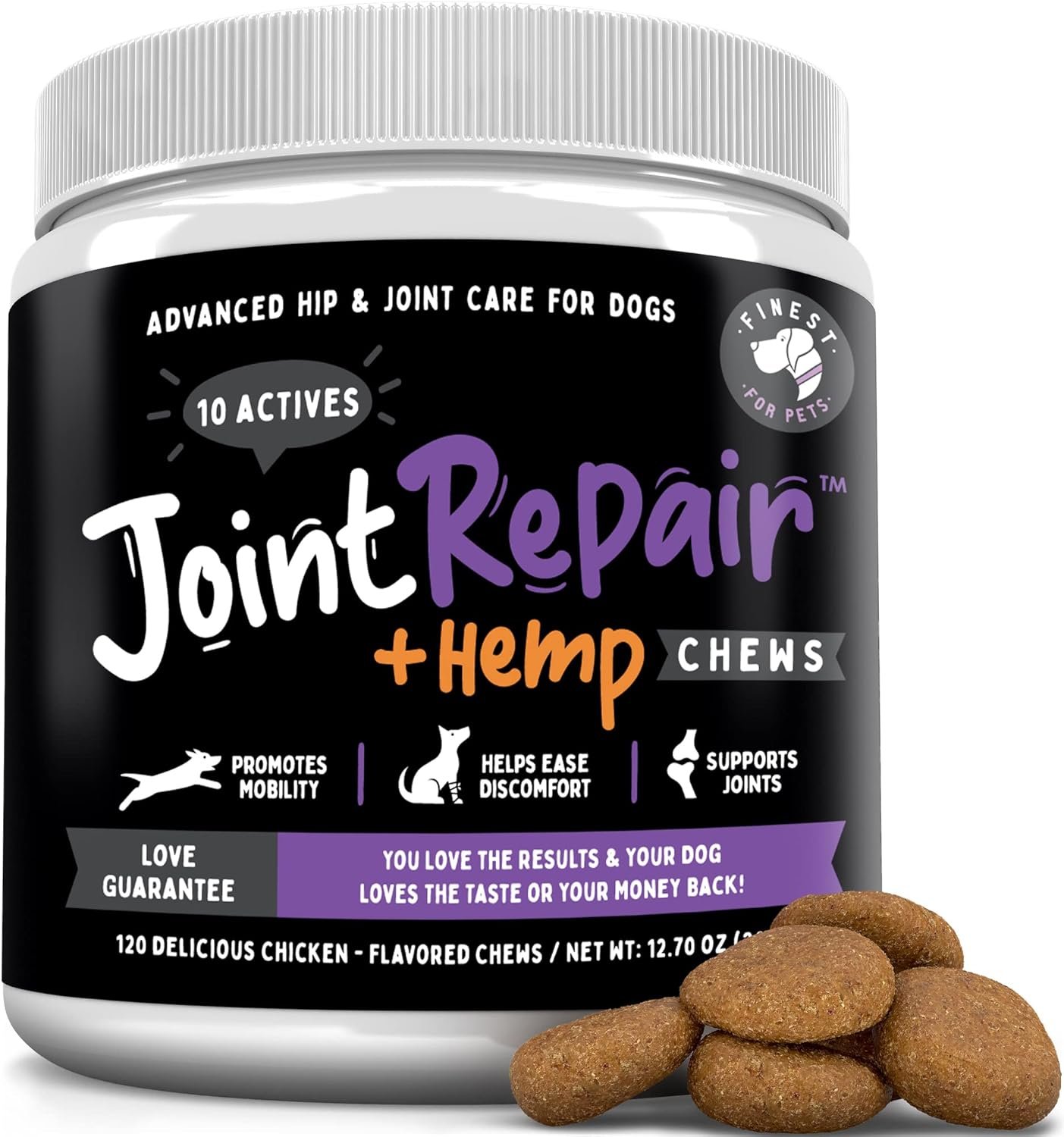 Finest For Pets Joint Repair Hip and Joint Chews for Dogs Glucosamine, Chondroitin, MSM, Hemp, Omega 3 & Turmeric for Dog Joint Support, Mobility & Pain Relief – (120 Chicken Chews, Made in USA)