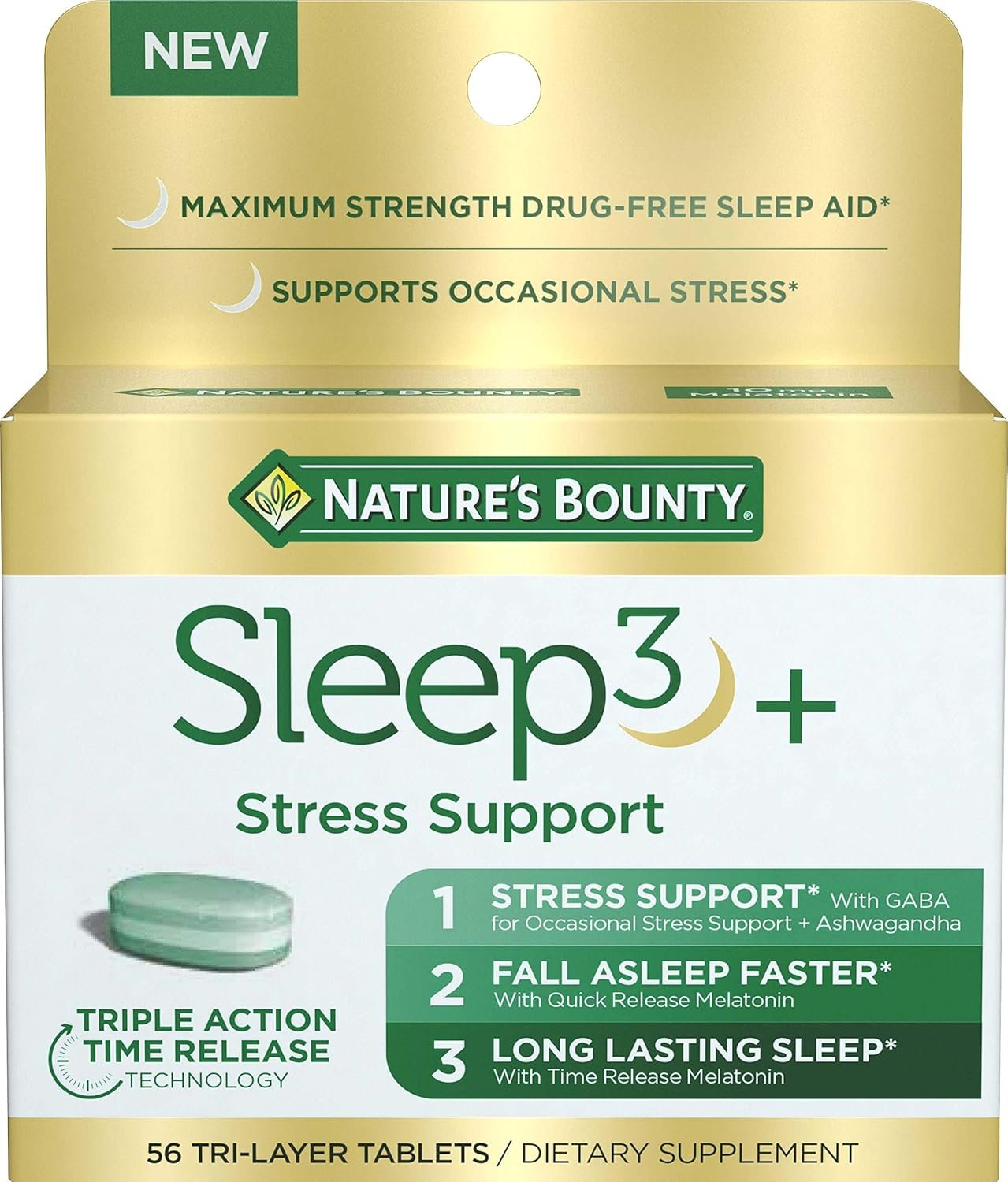 Nature’s Bounty Stress Support Plus Melatonin, Sleep3 Maximum Strength 100% Drug Free Sleep Aid, Dietary Supplement with Ashwagandha, Time Release Technology, 10mg, 56 Tri-Layered Tablets