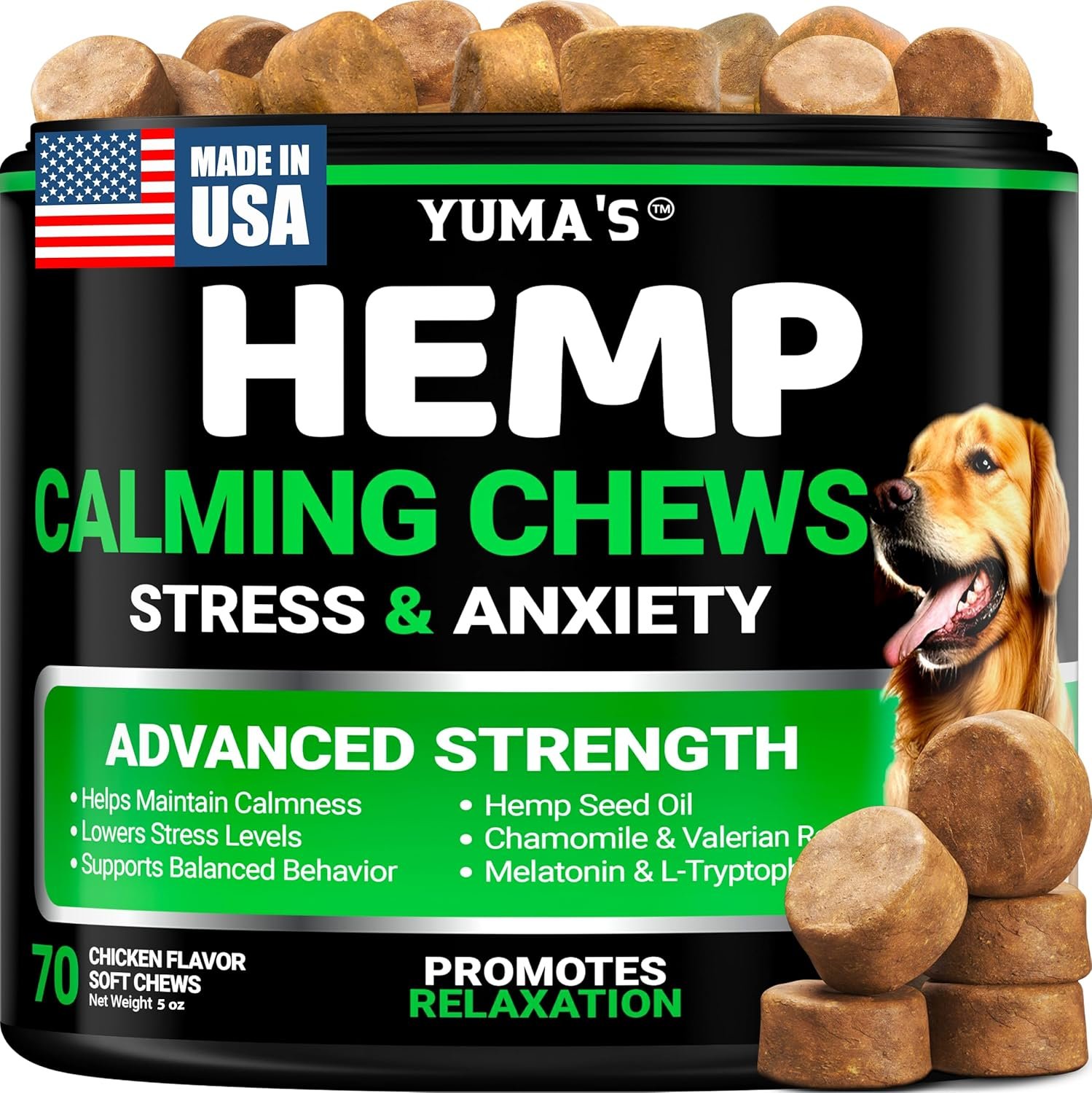 YUMA’S Advanced Calming Chews for Dogs – Hemp Dog Calming Chews – 70 Treats – Anxiety Relief Treats – Hemp Oil – Separation Aid, Stress, Hip and Joint Supplement for Canine Health Support