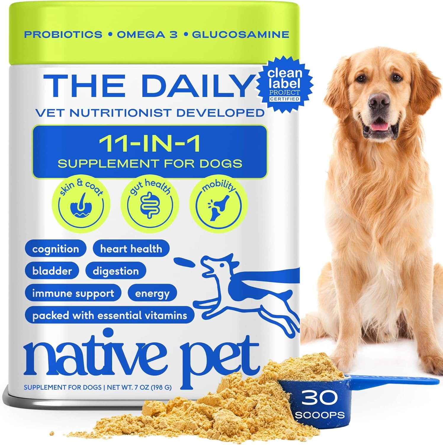 Native Pet Dog Vitamins & Supplements – 11-in-1 Vitamin Powder for Dog Food Topper – Collagen, Glucosamine, Probiotics, Omega & More- Supports Healthy Gut, Mobility & Overall Health – 30 Scoops