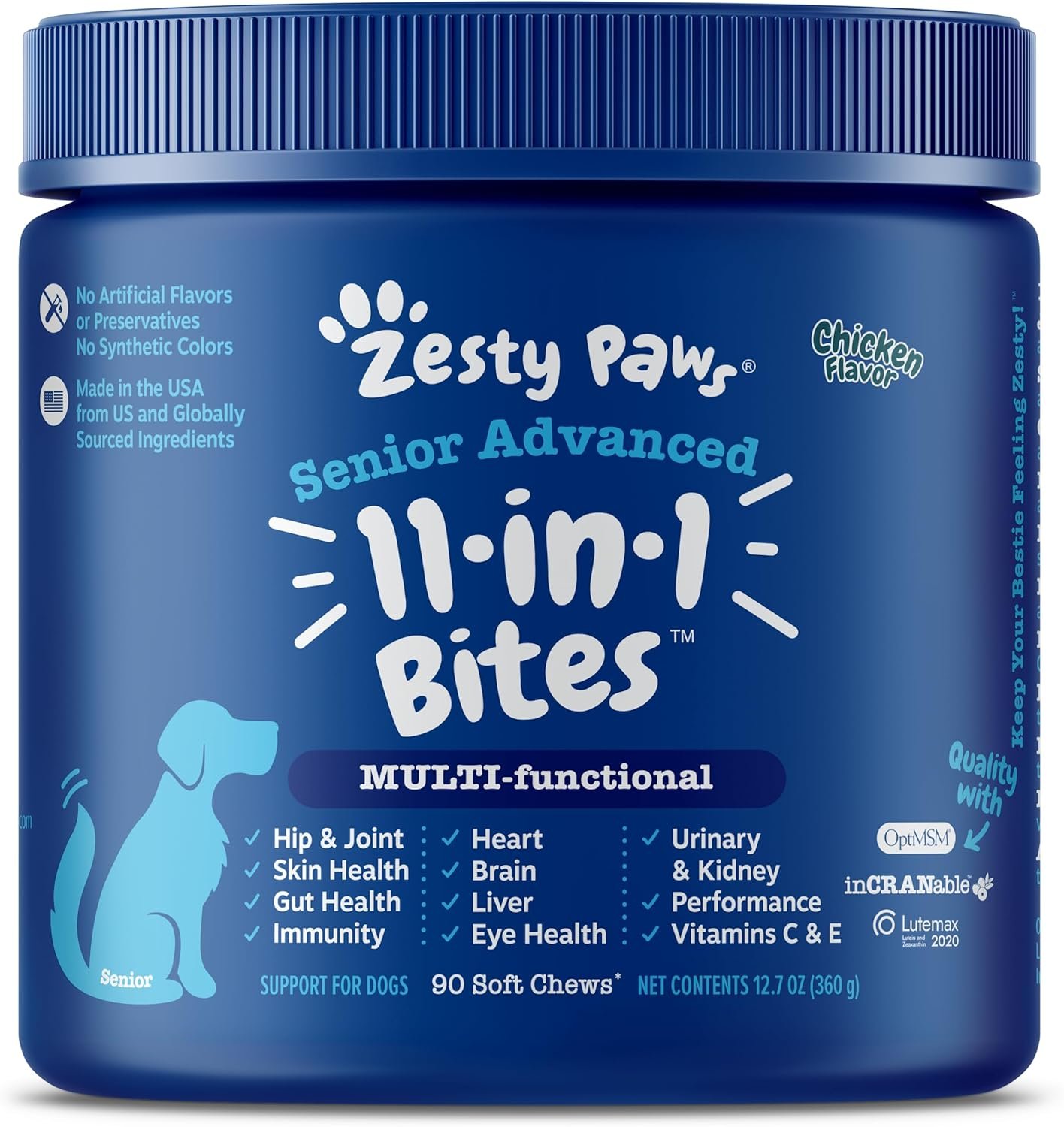 Zesty Paws Senior Dog Multivitamin Treats – Glucosamine for Dogs + Digestive Enzymes & Probiotics – Grain Free Dog Vitamins and Supplements for Skin & Coat + Immune Health Chicken – Advanced – 90ct