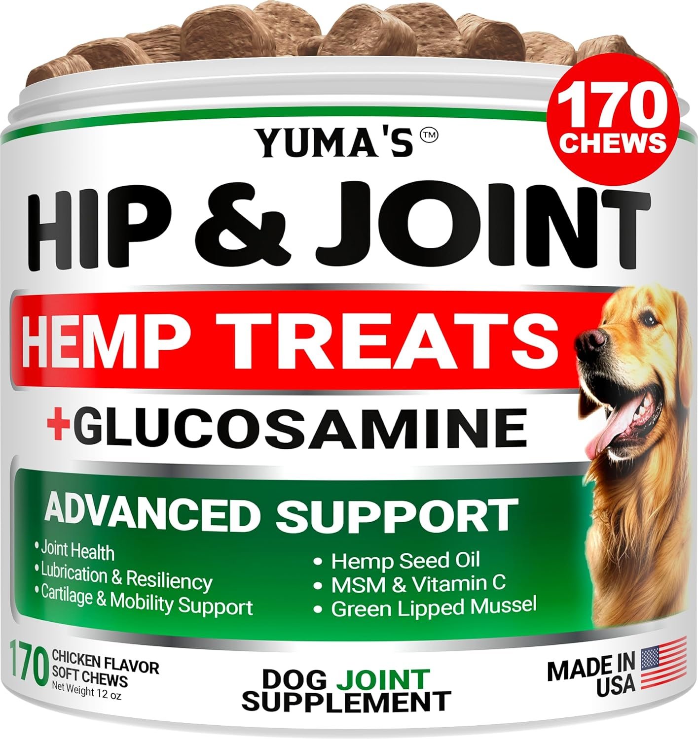 YUMA’S Hemp Hip and Joint Supplement for Dogs – Glucosamine for Dogs – 170 Joint Pain Relief Chews – Chondroitin, MSM – Hemp Oil – Advanced Canine Health Supplement – Mobility Support Treats