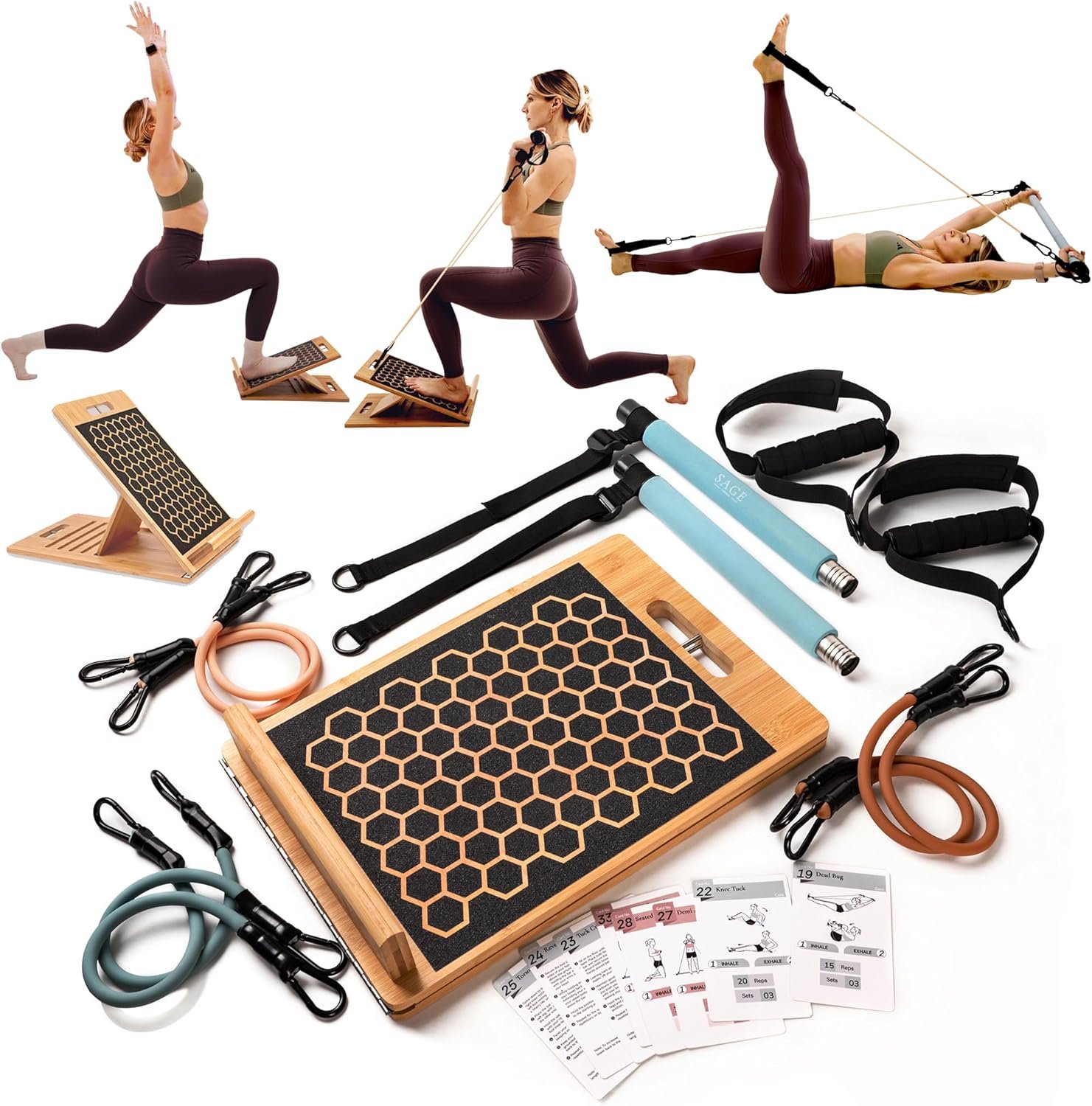 3-in-1 Home Workout Set With Bamboo Slant Board, Pilates Bar Kit With Resistance Bands, 54 Pilates Workout Kit Cards + QR Code for Follow-Along Videos – Mobility Training