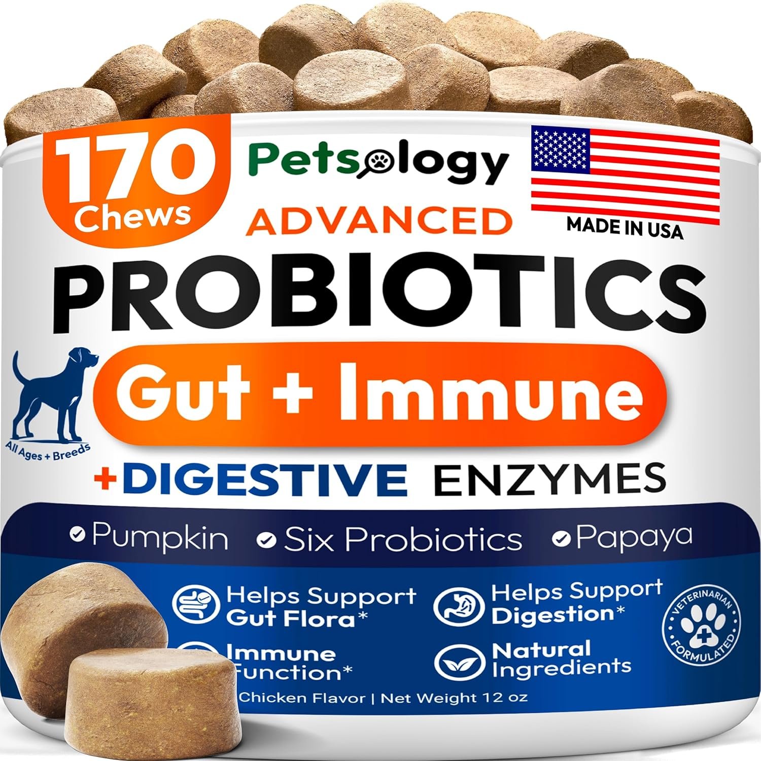 Probiotics for Dogs – 170 Dog Probiotics Chews – Digestive Enzymes & Prebiotics – Support Gut Health, Diarrhea, Gas & Constipation Relief – Itchy Skin, Allergies, Yeast Balance – Advanced Supplement
