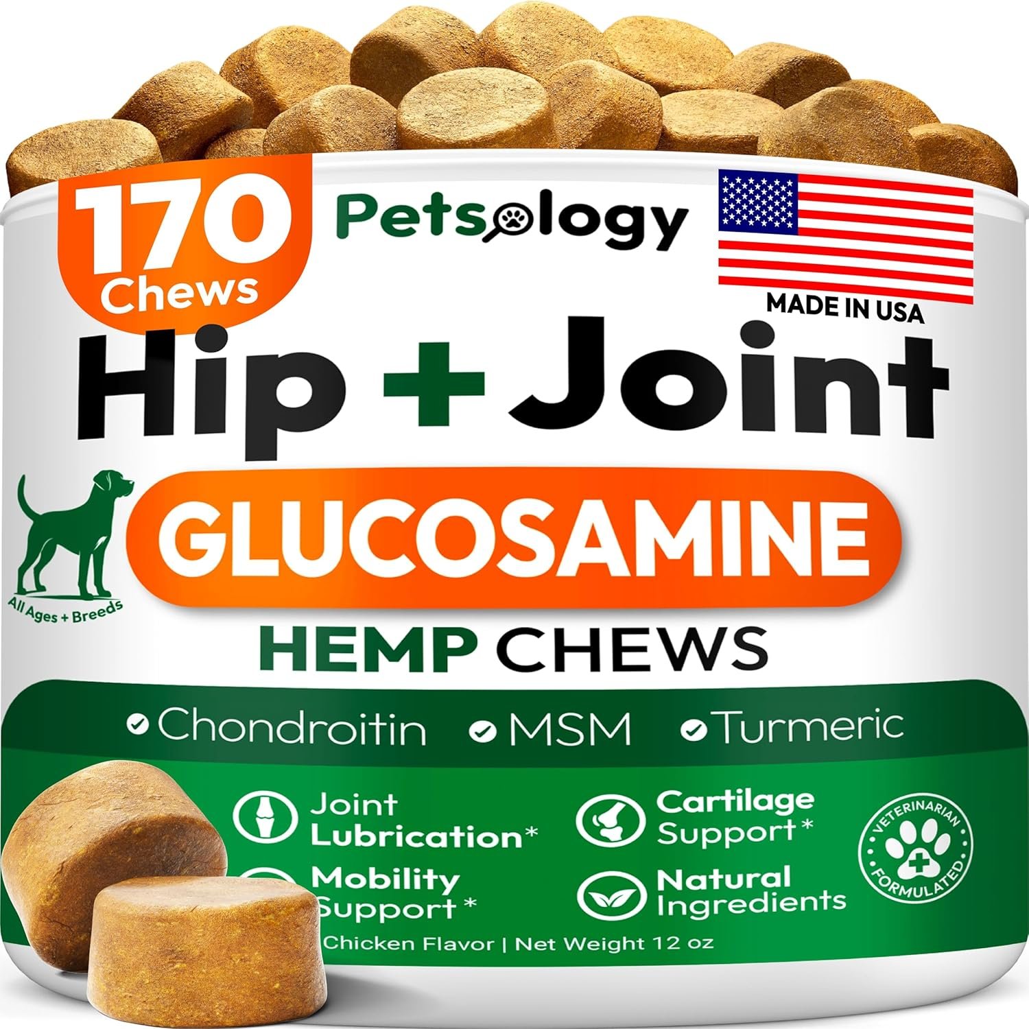 Hemp Hip and Joint Supplement for Dogs – Glucosamine for Dogs – 170 Mobility Support Chews – Advanced Joint Pain Relief Treats with Chondroitin, MSM, Turmeric – Large & Small Breeds – Made in USA