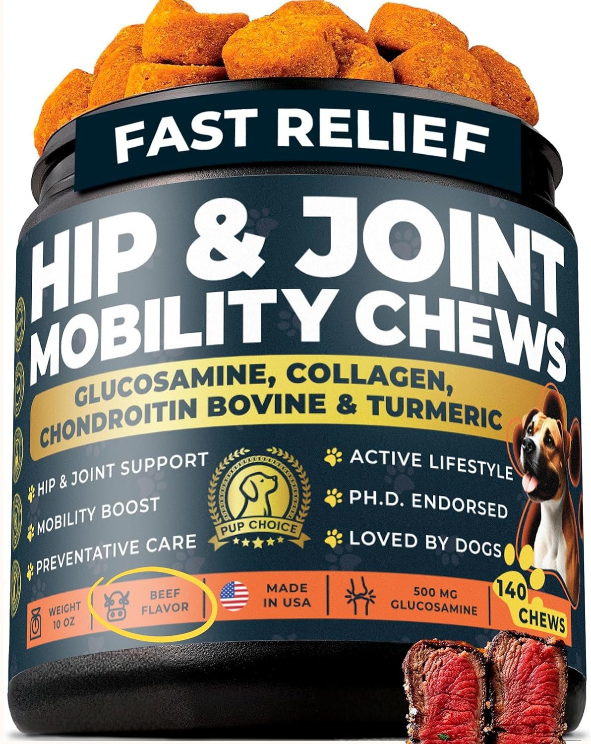 Glucosamine 500mg Hip & Joint Support Supplement for Dogs – Chondroitin, Collagen, MSM & Turmeric Chews – Supports Mobility, Flexibility & Joint Health for Large Breeds & Seniors