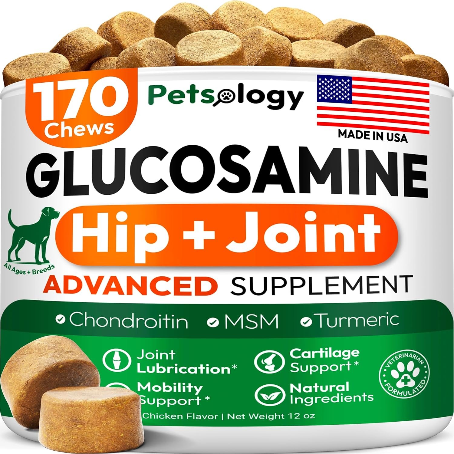 Glucosamine for Dogs – Hip and Joint Supplement for Dogs – 170 Mobility Chews – Glucosamine Chondroitin – MSM – Turmeric – Joint Pain Relief – Advanced Support for Dog Health – Made in USA