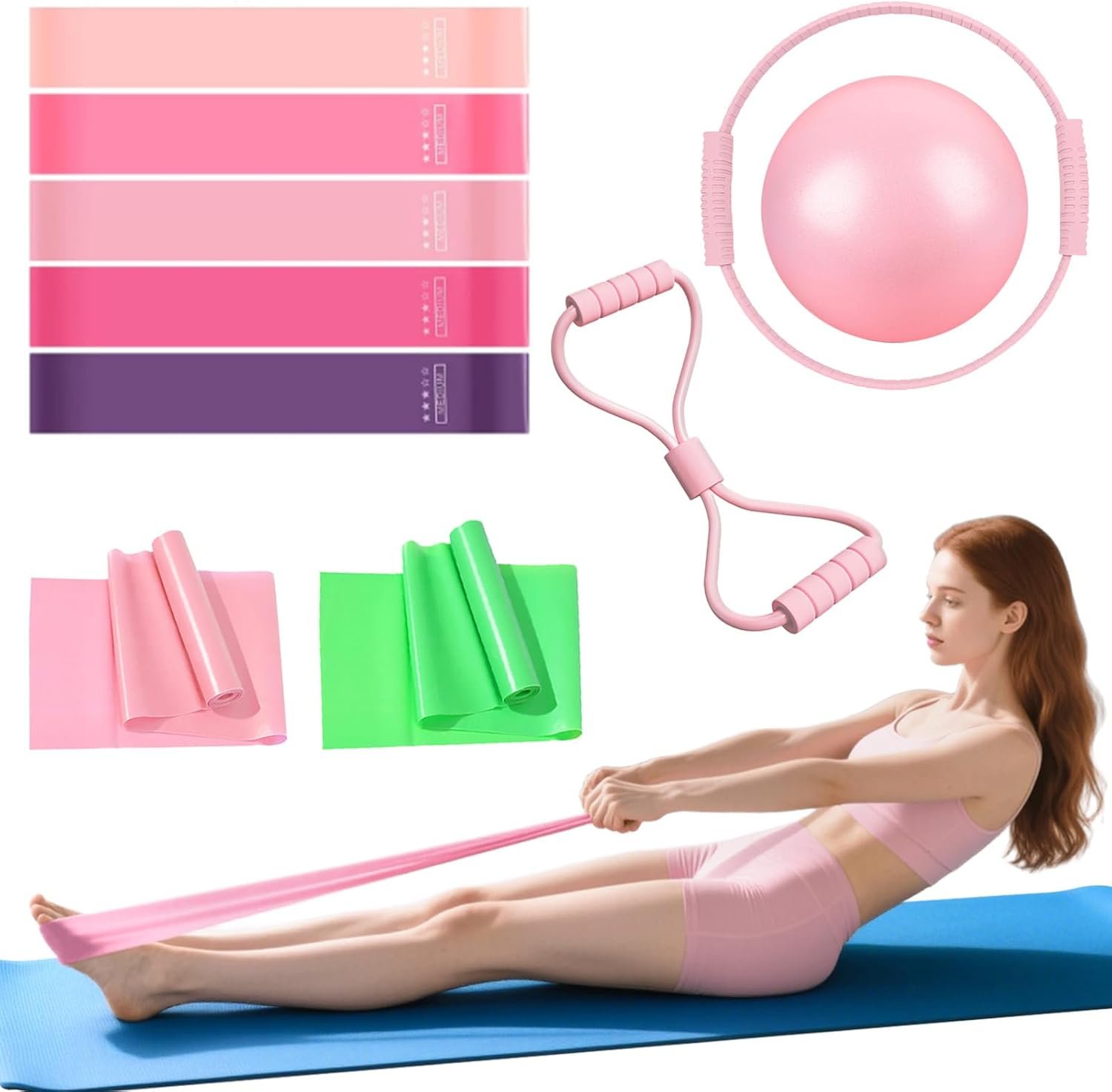 Pilates Essentials Kit for Women,10PCS Pilates Set with 13″ Magic Circle Pilates Ring and Yoga Ball, 5 Resistance Bands for Toning & Stretching Strap & Tension Rope Exercise Equipment for Home Workout