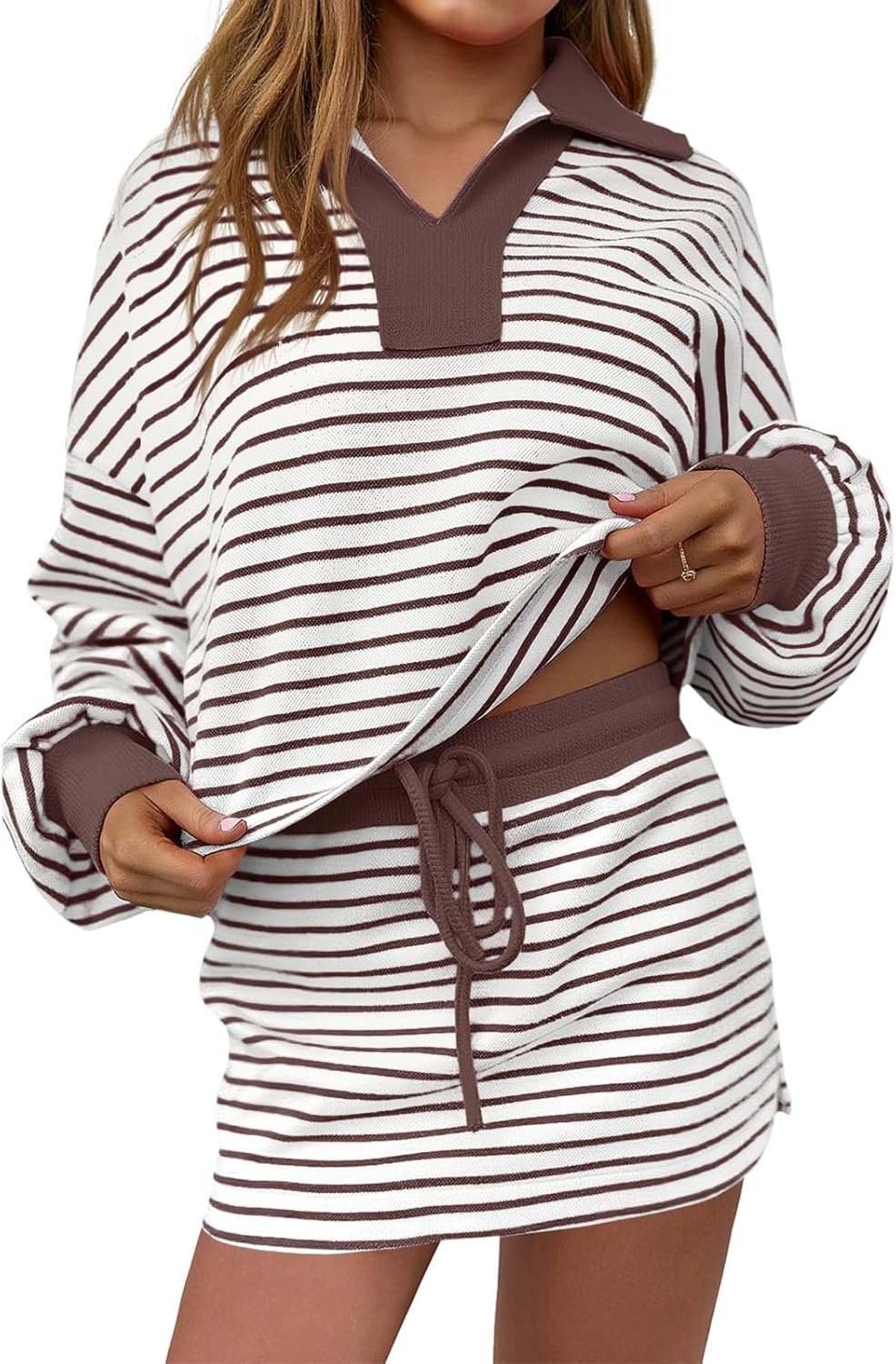Fisoew Womens Striped 2 Piece Outfits Casual Sweatshirt Skirt Set Long Sleeve Skort Workout Set Matching Lounge Sets
